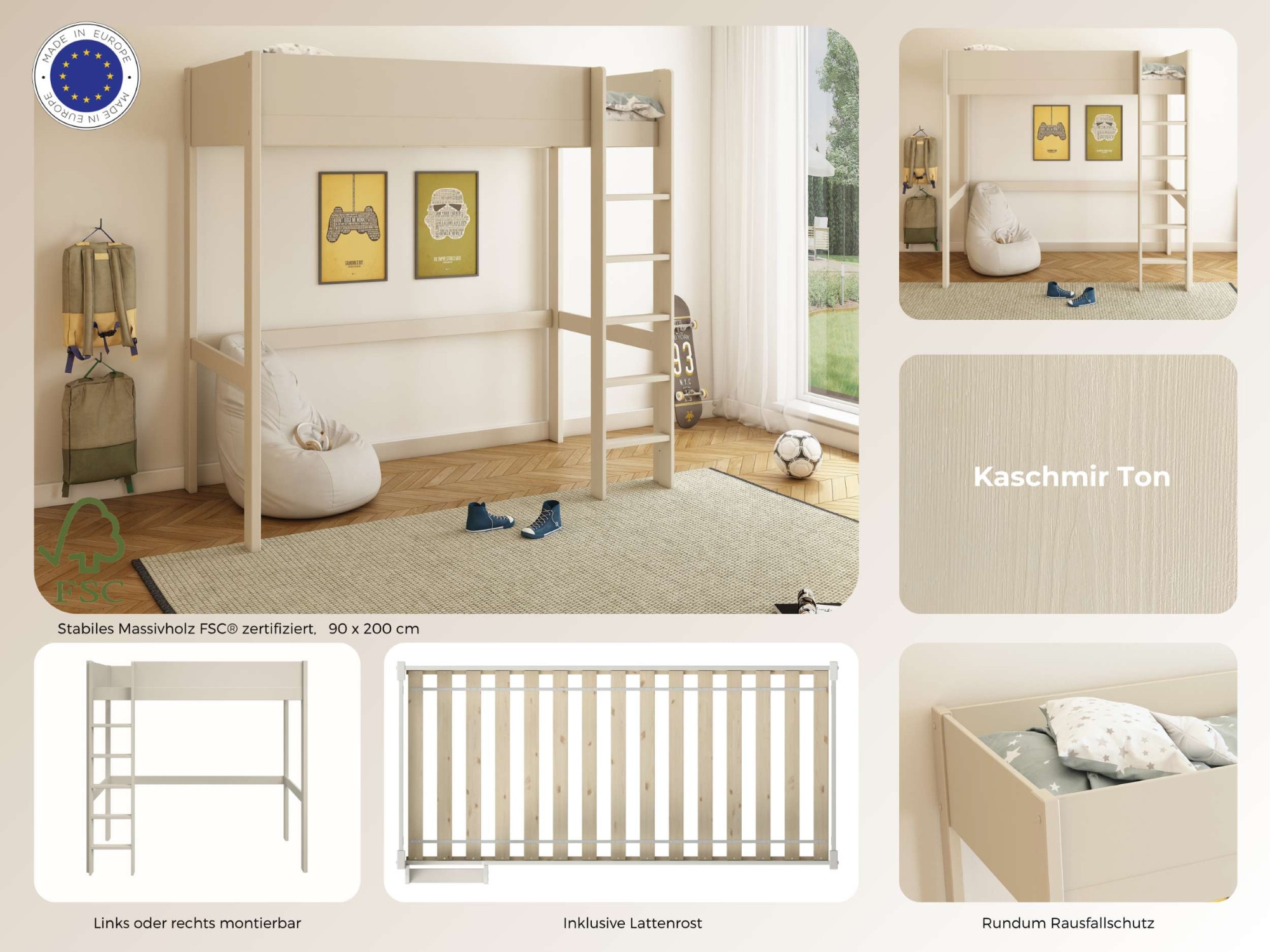 GOODproduct Hochbett »Tipo – FSC®-zertifiziertes Massivholz mit viel Freiraum darunter« B/H/T 207,7x190x105cm,  Flexible Leiter-Montage, Rundum-Schutz und optimale Raumnutzung