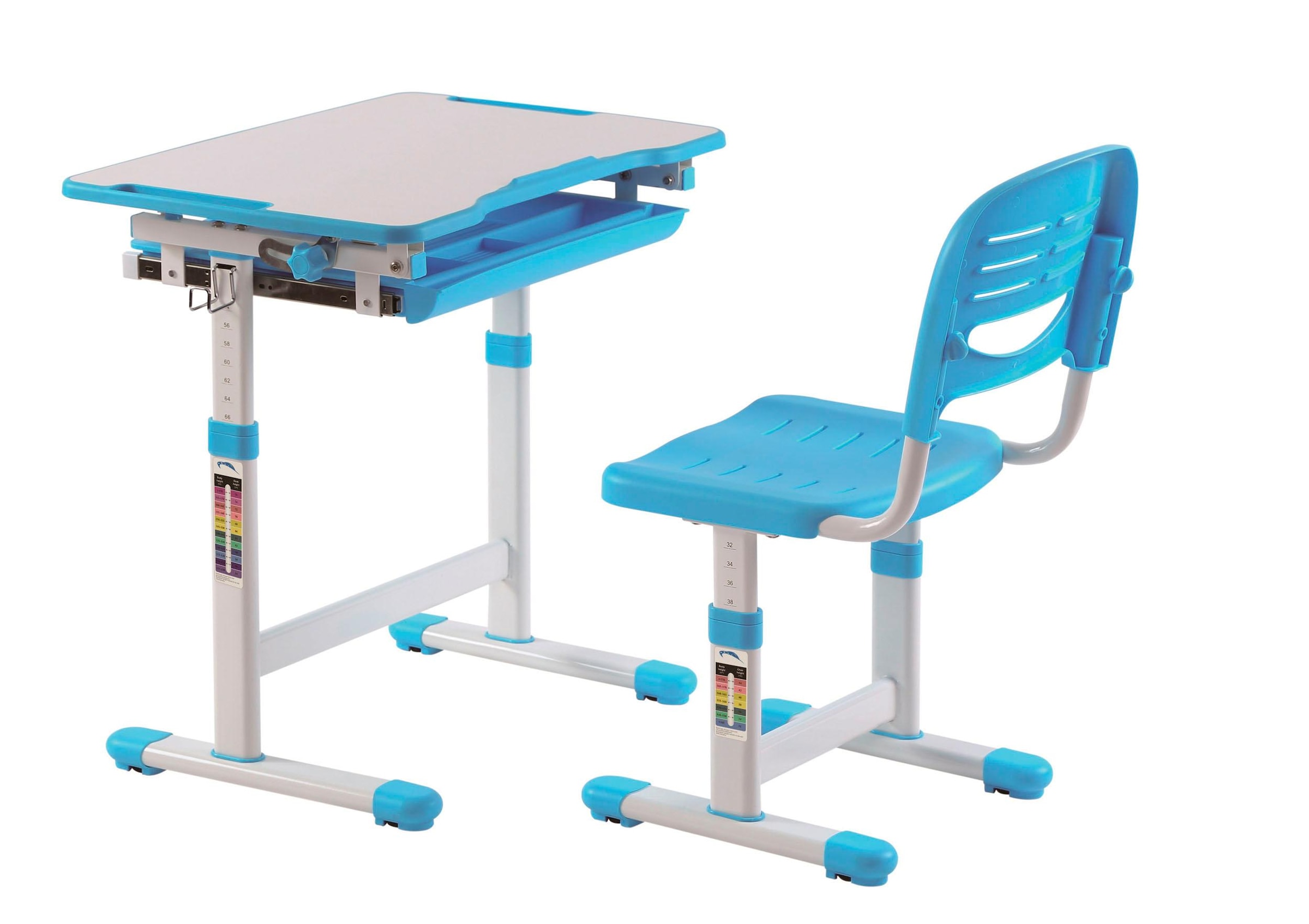 Vipack Kinderschreibtisch »Comfortline, mit Höhenverstellung inkl. Taschen- u. Becherhalter«, (Set, B/H/T ca. 70x54-76x47,4cm, verschiedene Farben, mit Griffelschublade), inkl. Stuhl und verstellbarer Schreibplatte, praktische Funktionen