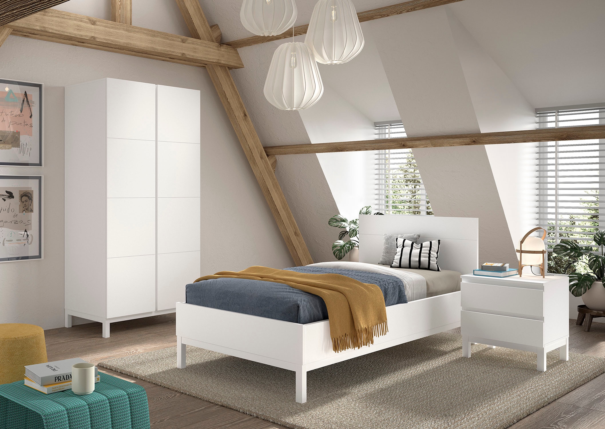 Vipack Jugendzimmer-Set »Set best. aus Einzelbett 90/200, Nachtkonsole, Kleiderschrank 2-trg.« 3 Stk. tlg. in gradlinigem Design, pflegeleichte lackierte Oberfläche in Weiss