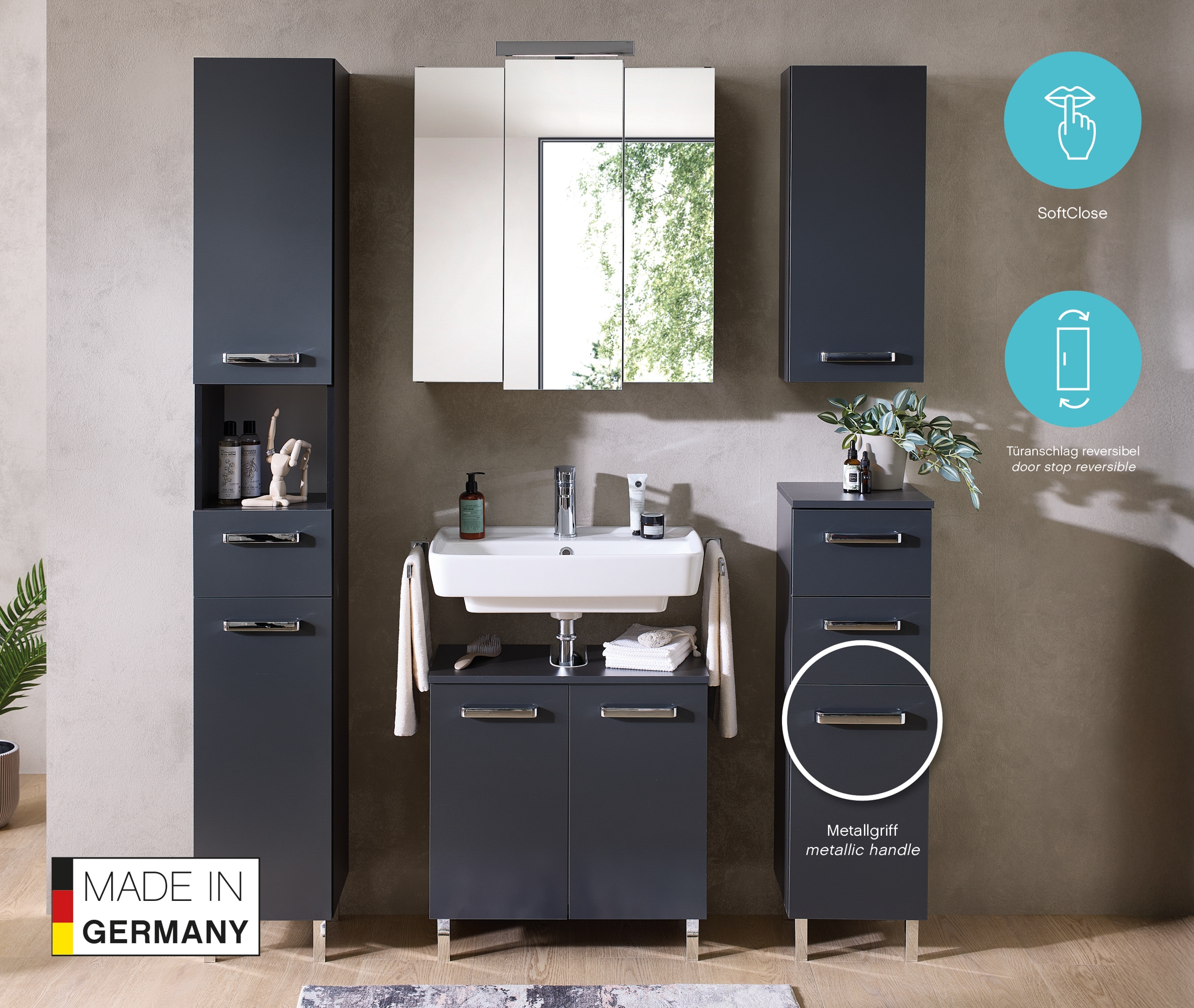 Saphir Armoire suspendue »Quickset Wand-Badschrank 25 cm breit mit 1 Tür und 2 Einlegeböden« armoire suspendue de salle de bain avec amortisseur de porte, poignées chromées brillantes