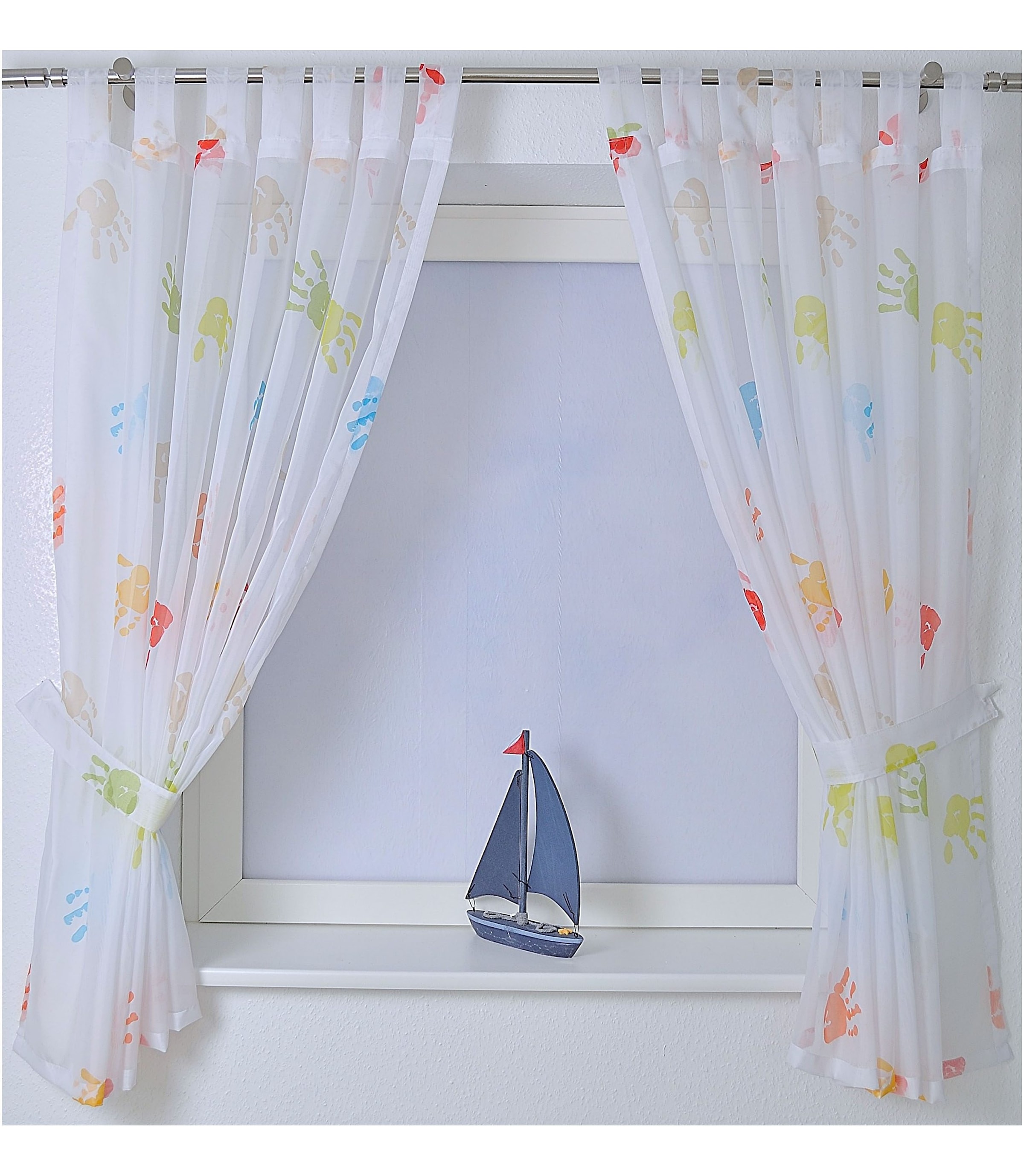 Image of Kutti Gardine "Hände" Schlaufen 1 Stk. tlg. mit einem Raffhalter, Kindergardine, bedruckt, bunt
