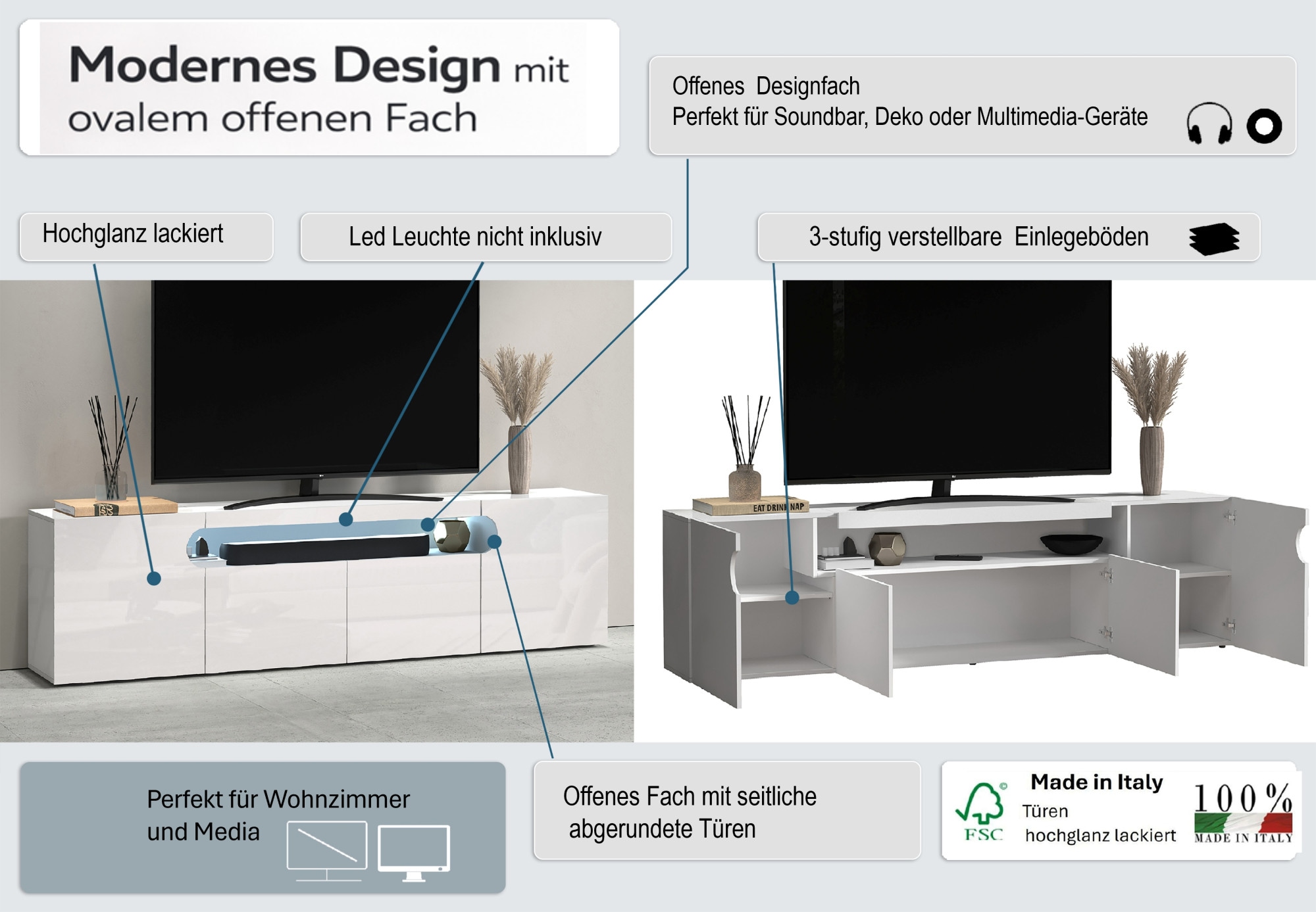 GOODproduct Table basse »REAL,Lowboard,TV-Kommode,TV-Möbel,TV-Bank« 1 cuis tlg. Avec 4 portes, dont 2 arrondies formant une niche ovale ouverte