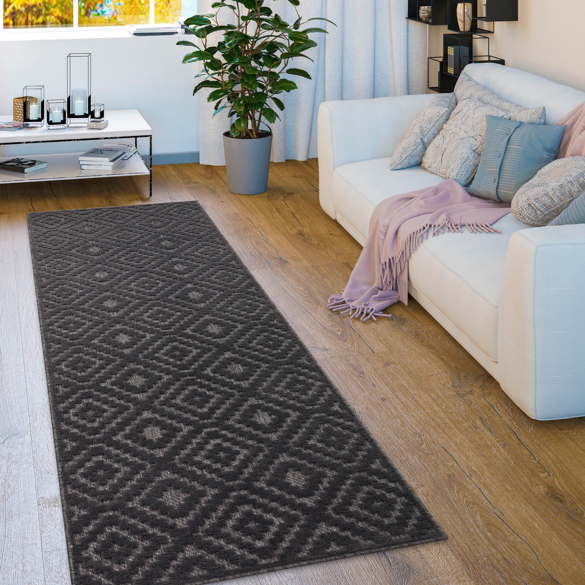 Image of Paco Home Teppich "Livorno 672" rechteckig 14 mm Höhe Uni-Farben, Scandi, Rauten Muster, Hoch-Tief Effekt, Outdoor geeignet