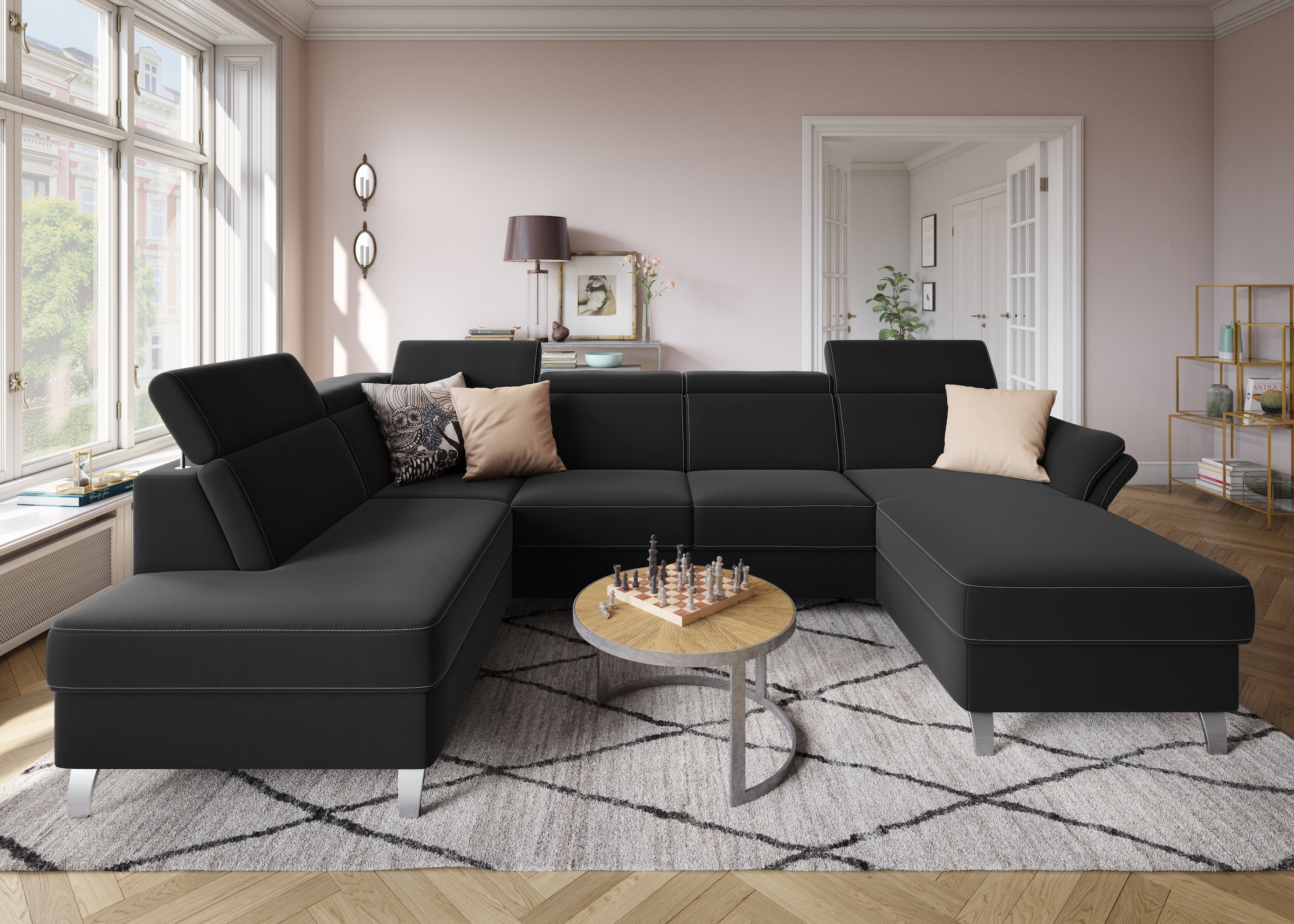 sit&more Wohnlandschaft »Vincenzo U-Form«, inklusive Kopfteilverstellung, wahlweise mit Bettfunktion, Bettkasten