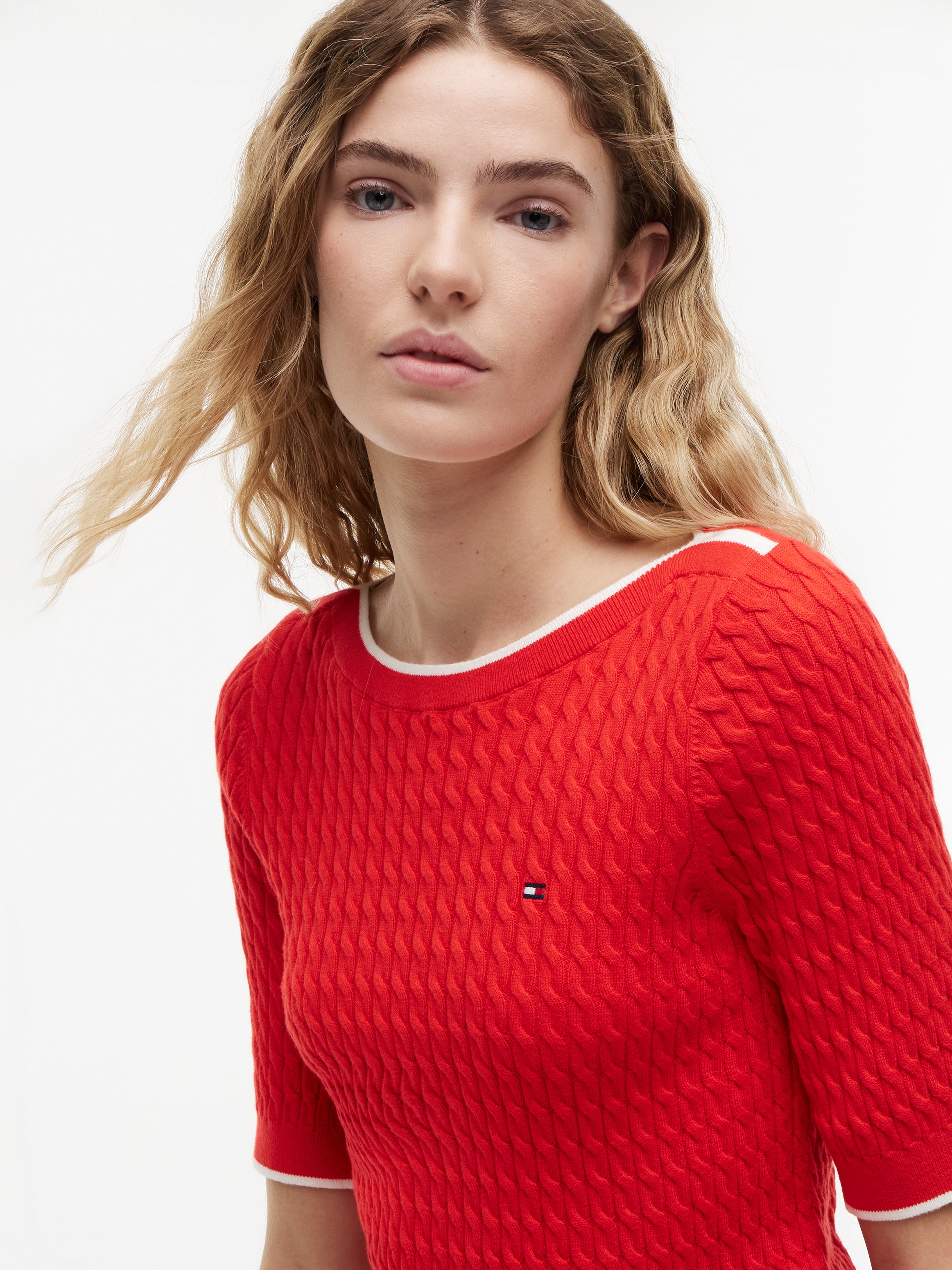 Tommy Hilfiger Kurzarmpullover »FINE GG CABLE BOAT NK S/S« Baumwolle, mit Zopfstrickmuster