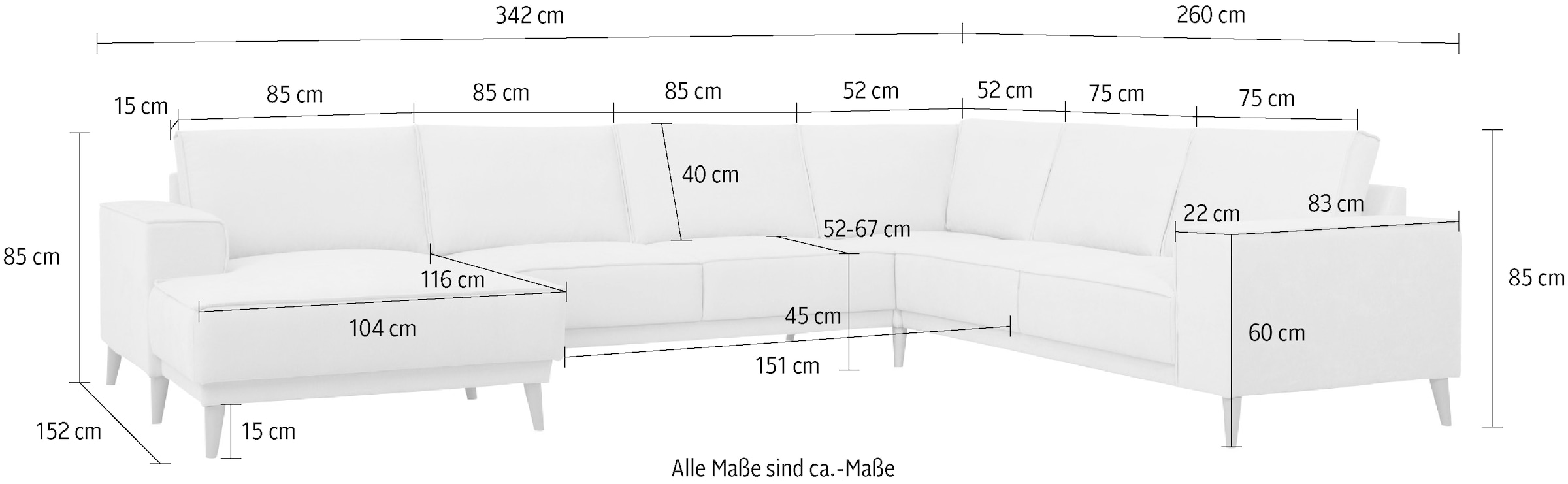 GOODproduct Paysage de salon »Oland Skandi, weicher Chenille-Stoff« U-Form, 342 cm, Wellenunterfederung, Skandi-Design, Massivholzfüsse