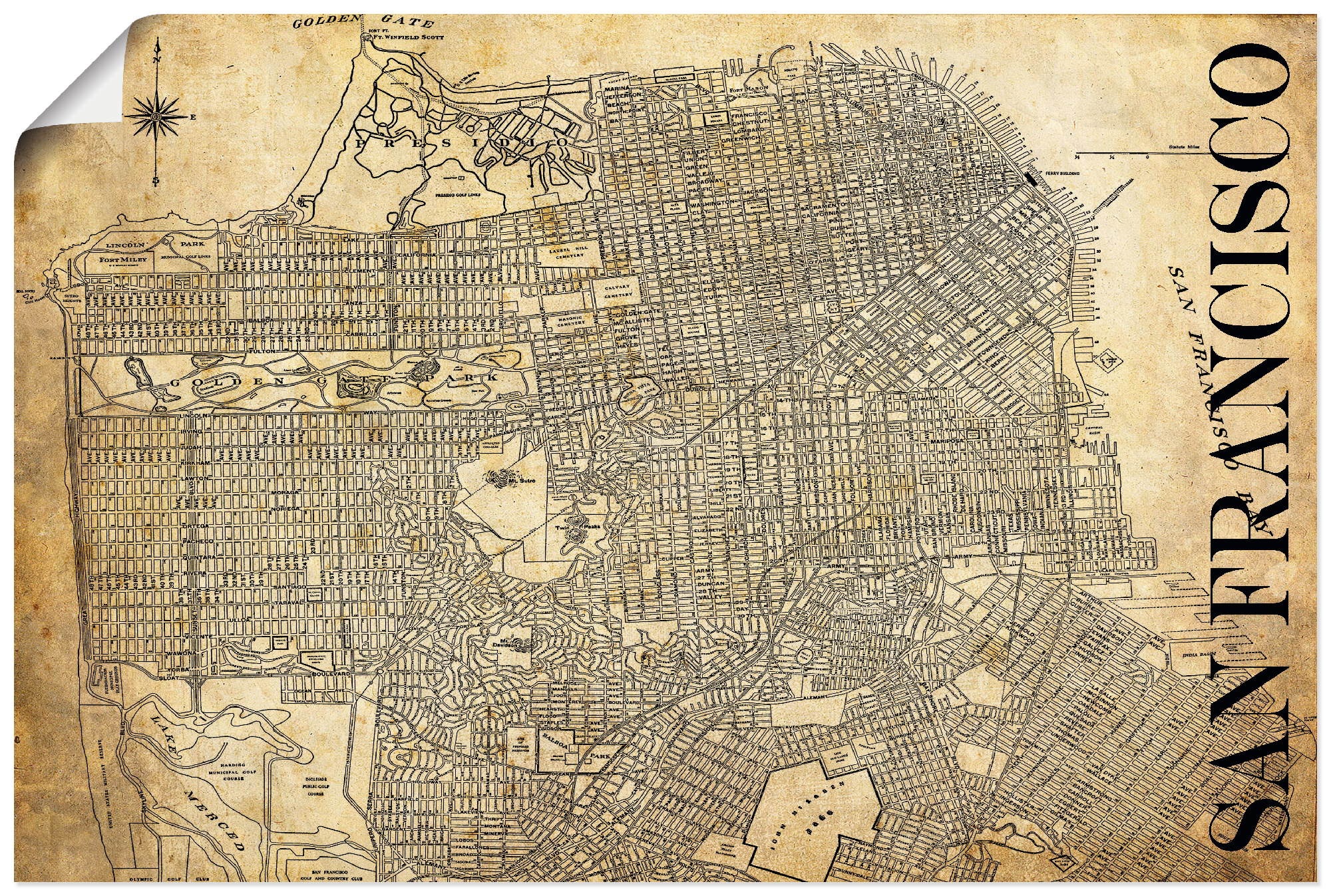 Image of Artland Wandbild »San Francisco Karte Strassen Karte Sepia«, Amerika, (1 St.), in vielen Grössen & Produktarten - Alubild / Outdoorbild für den Aussenbereich, Leinwandbild, Poster, Wandaufkleber / Wandtattoo auch für Badezimmer geeignet bei Ackermann Vers