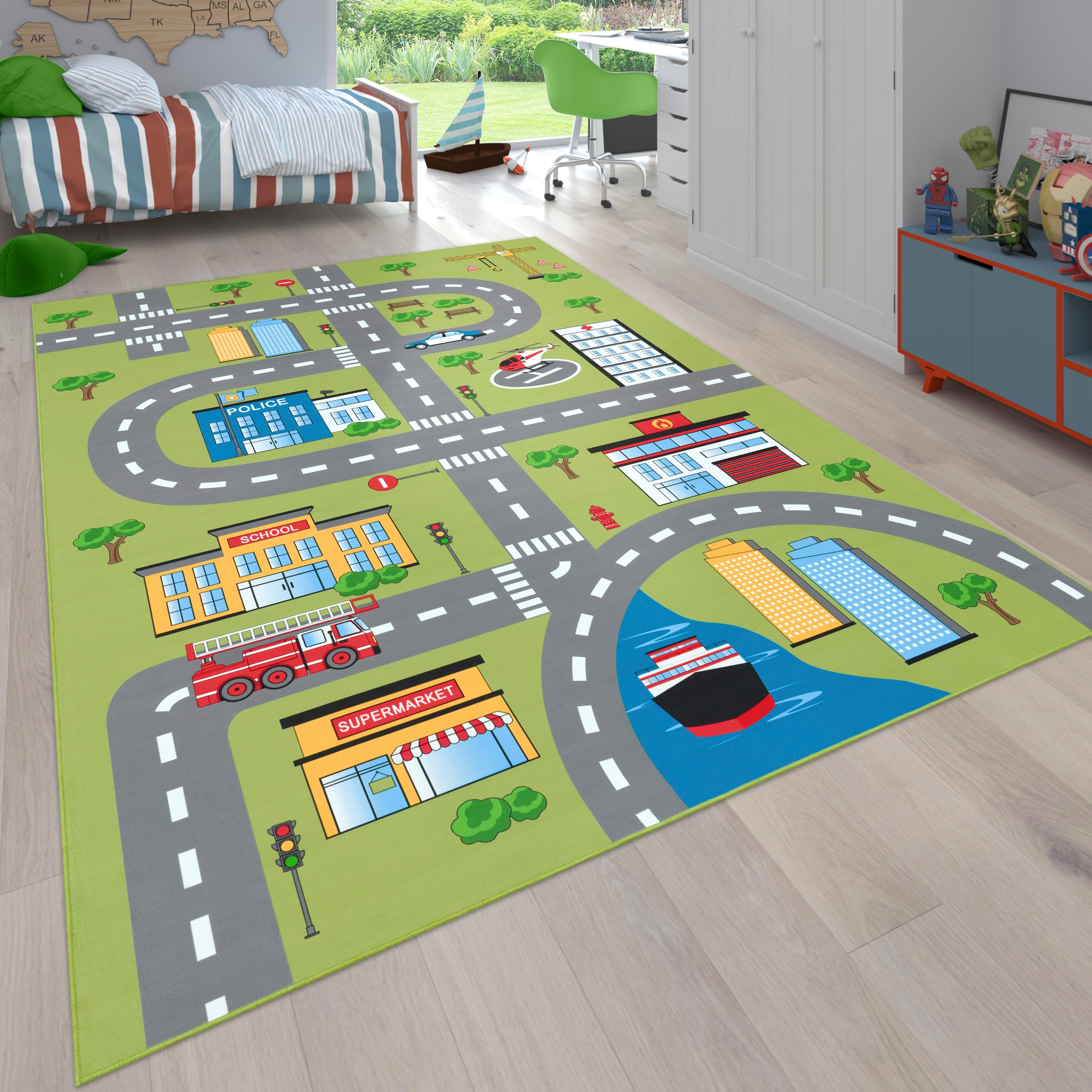 Image of Paco Home Kinderteppich "Bino 570" rechteckig 4 mm Höhe Kurzflor, Strassen-Spiel-Teppich, rechteckig oder rund, Kinderzimmer