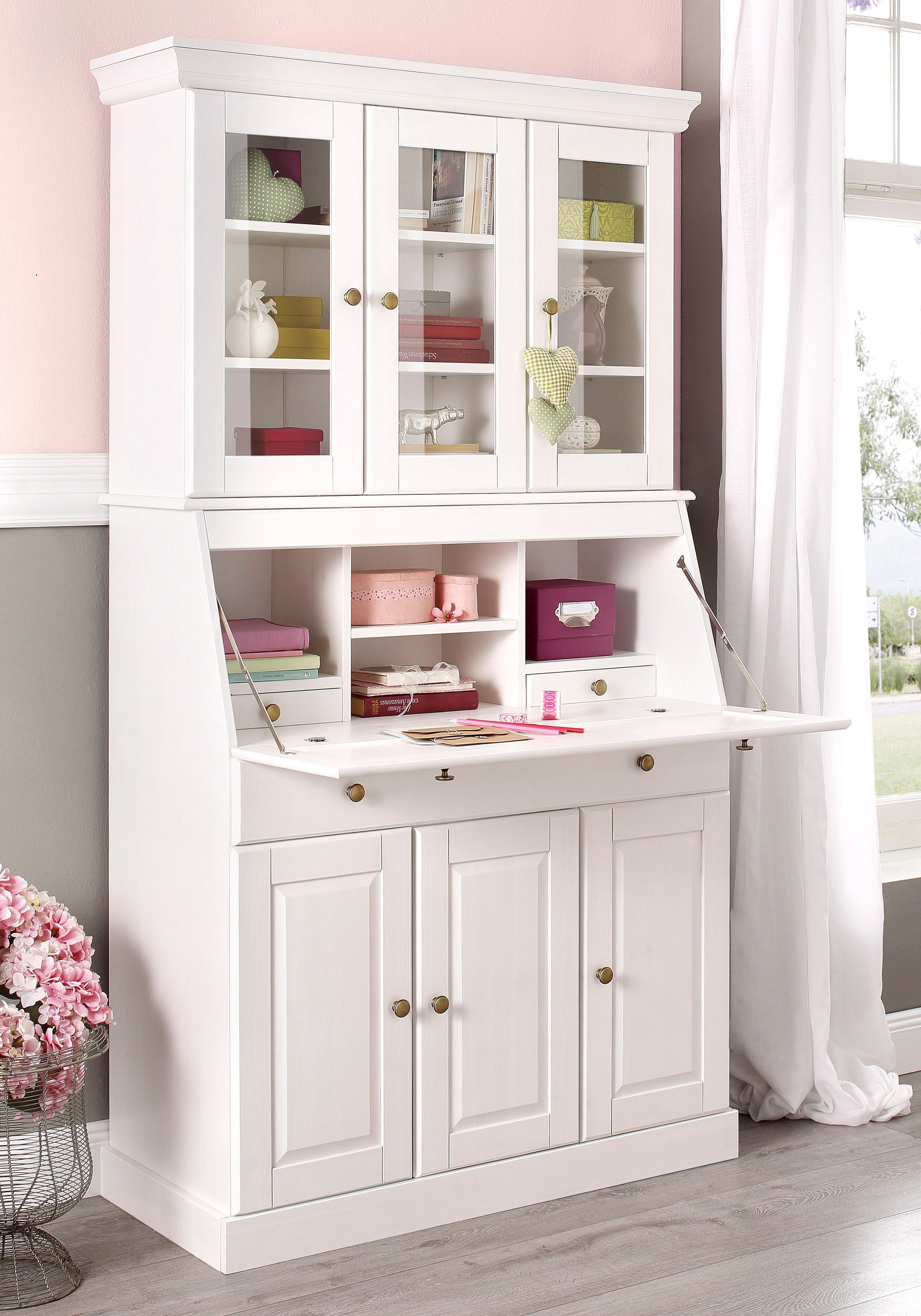 Image of GOODproduct Sekretär "Rosi im Landhausstil" Schreibtisch aus Massivholz, mit Vitrine, in 2 Breiten