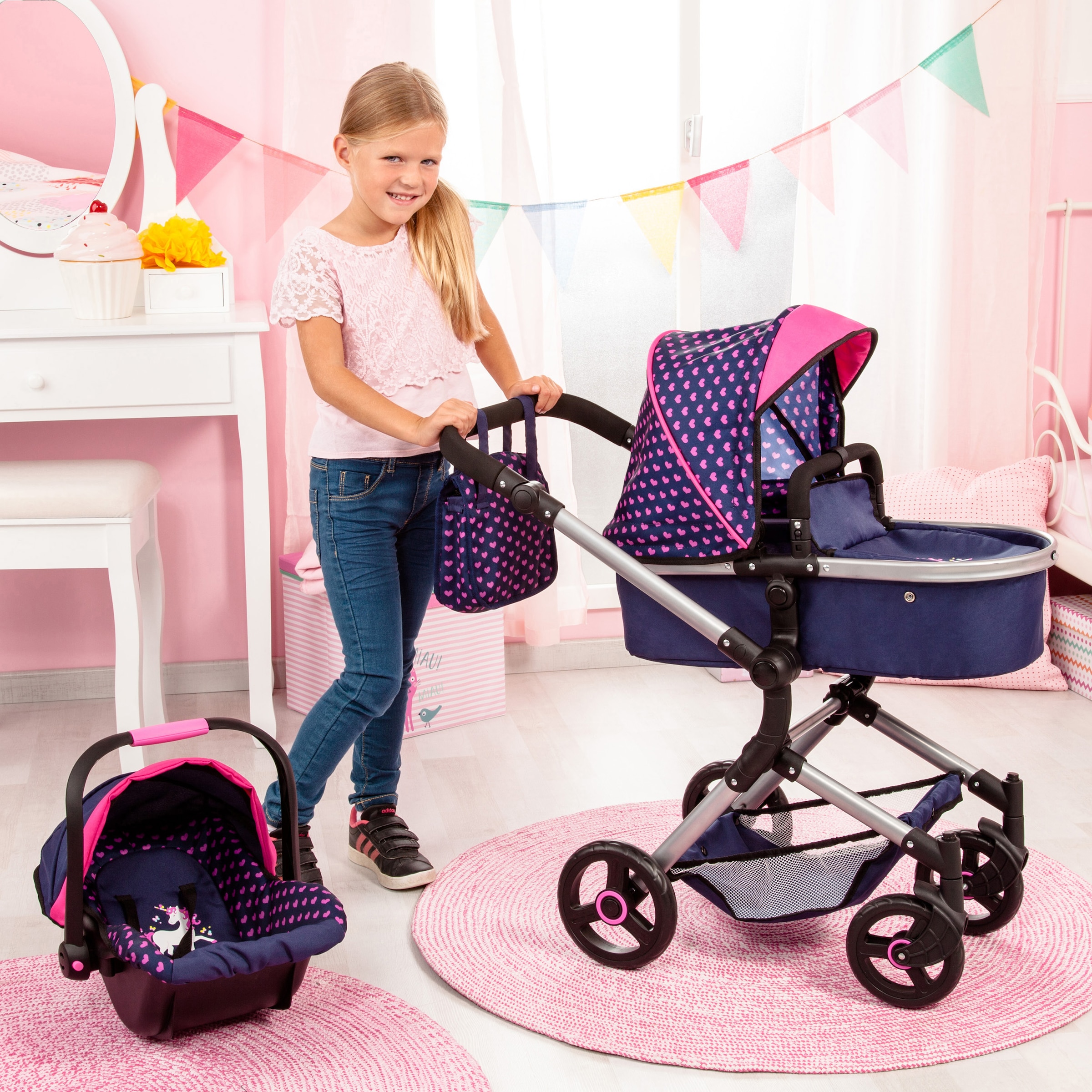 Bayer Kombi-Puppenwagen »Vario, Blau/Pink«, inkl. Wickeltasche