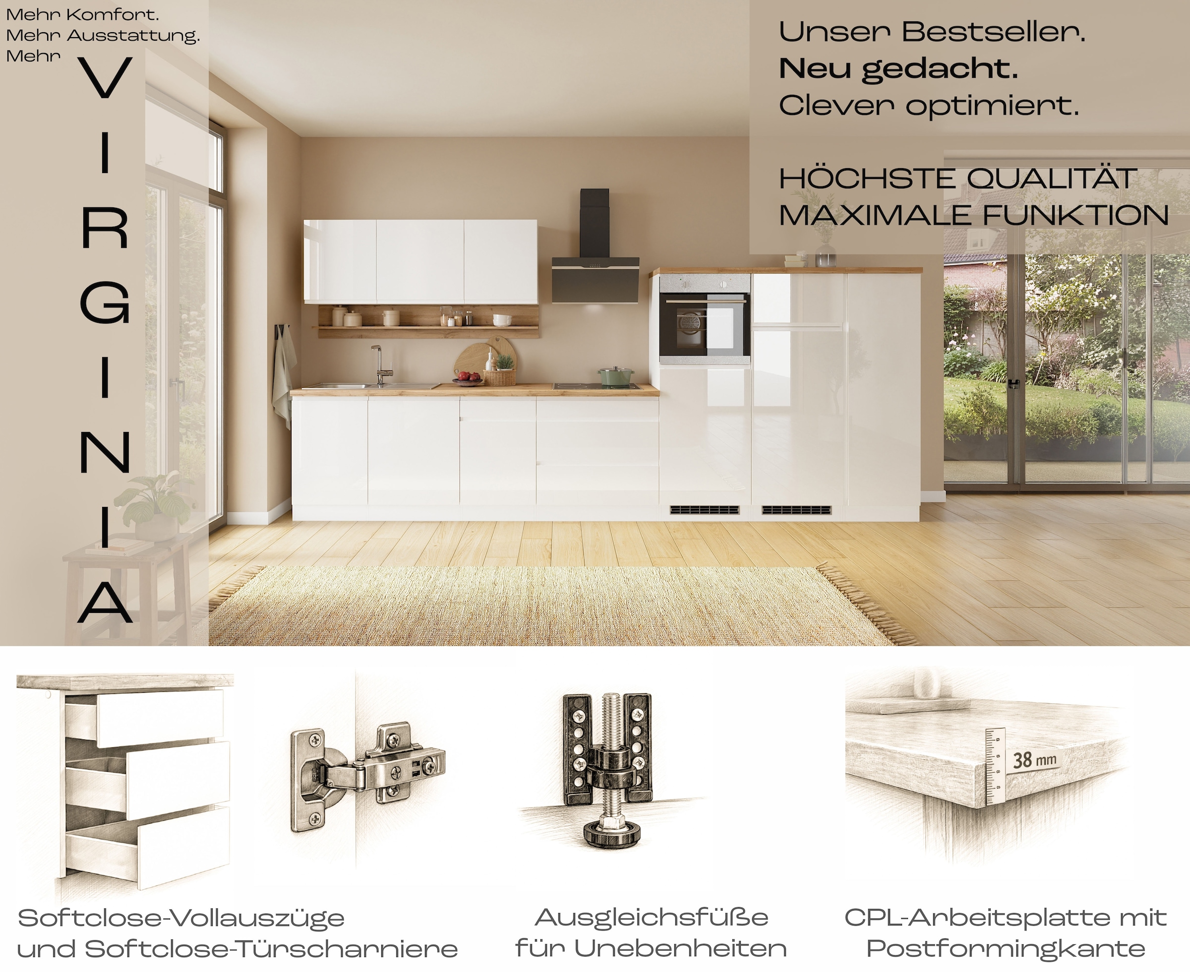KOCHSTATION Kitchenette »KS-Virginia,neu in verbesserter Ausführung« plan de travail épaisseur 38 mm, rangement, fermeture douce,  largeur 300 cm, fermeture douce, avec appareils électriques en option