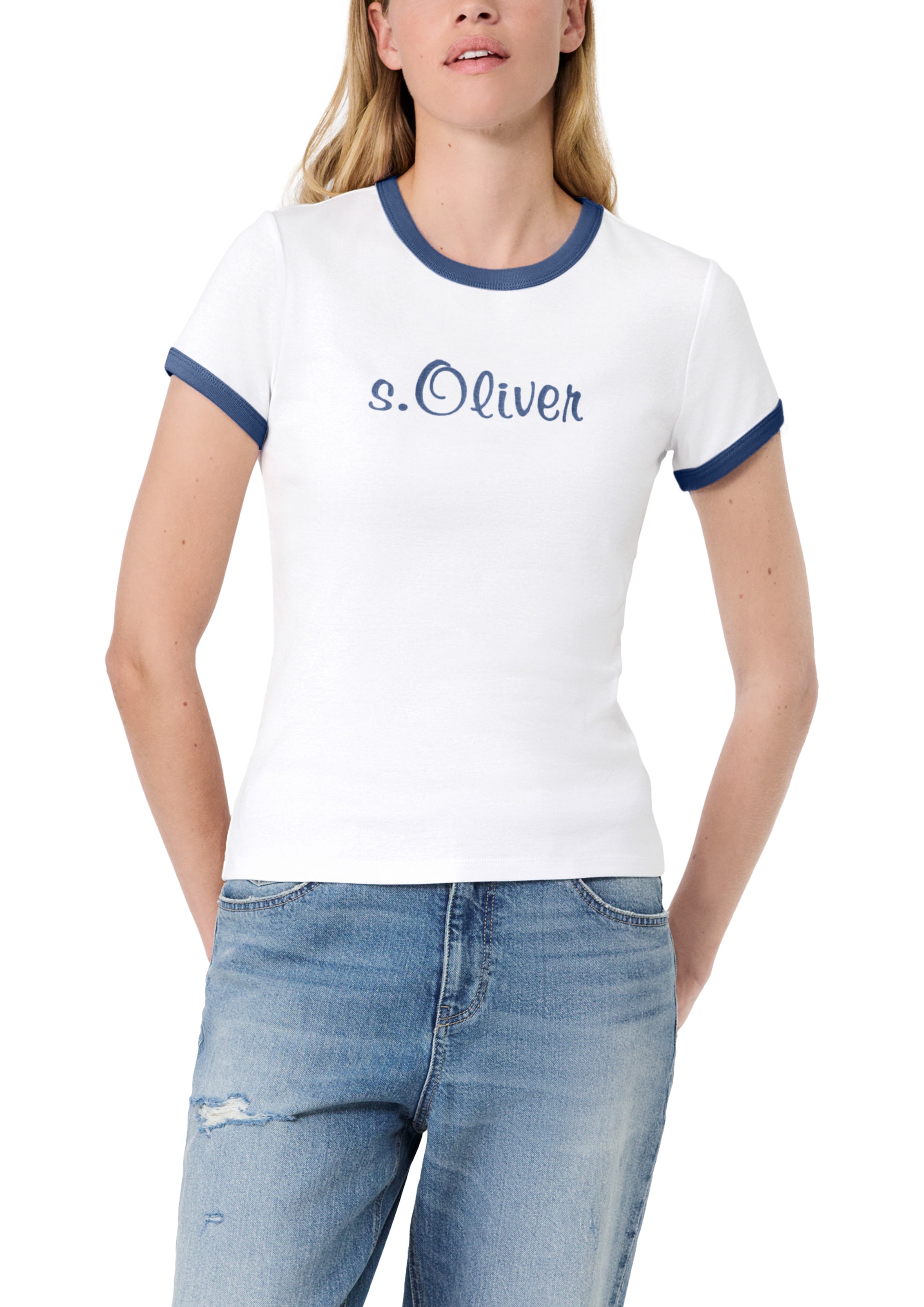 Image of s.Oliver Kurzarmshirt "s.Oliver X Heidi Klum Logo T-Shirt" mit Logo-Print / Konstrastfarbene Bündchen / Rundhals