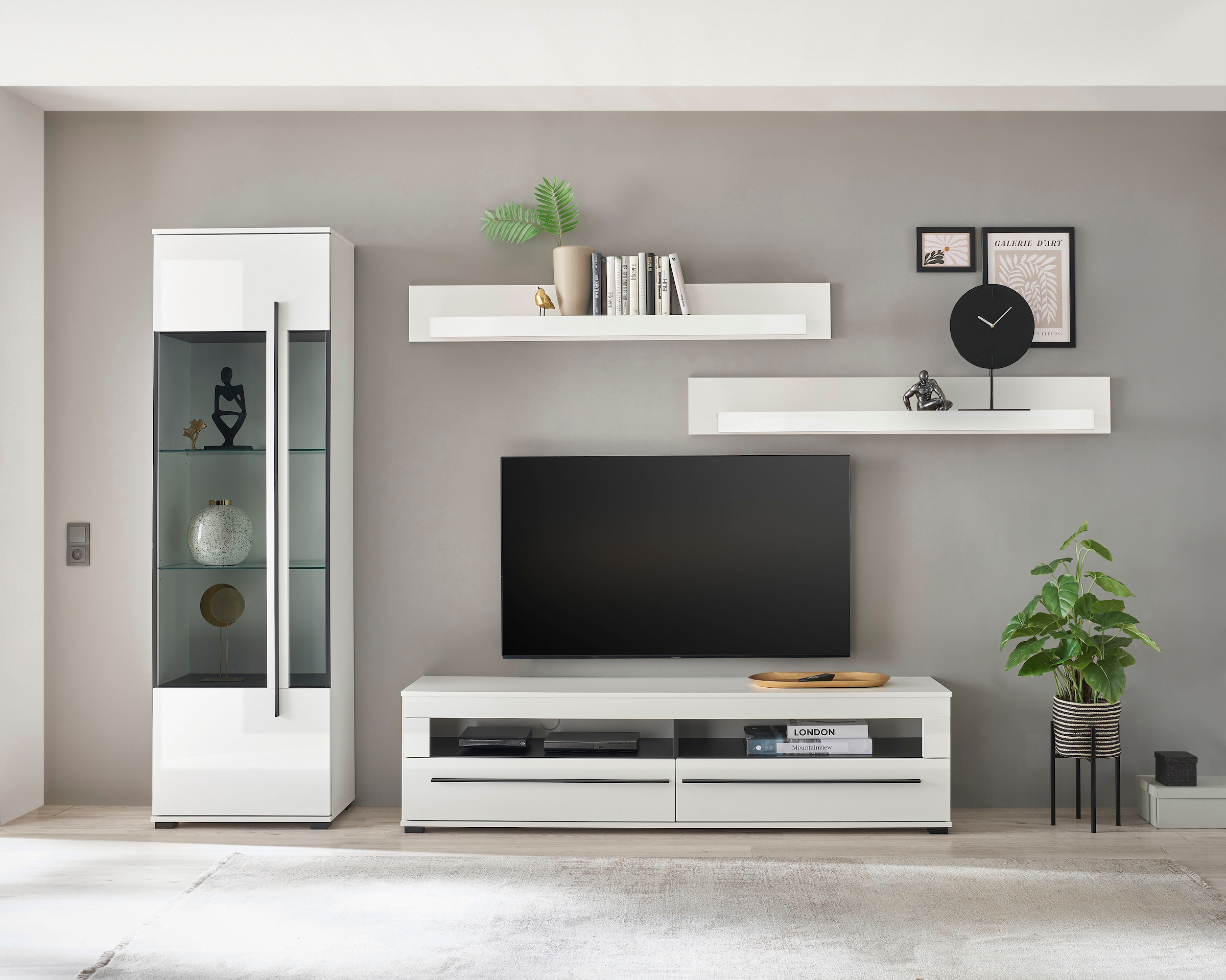 INOSIGN Wohnwand »Cantara, moderne Anbauwand, Wohnzimmer-Set, in Eiche Evoke oder Weiss«, (Set), enthält eine Vitrine, ein Lowboard und zwei Wandboards