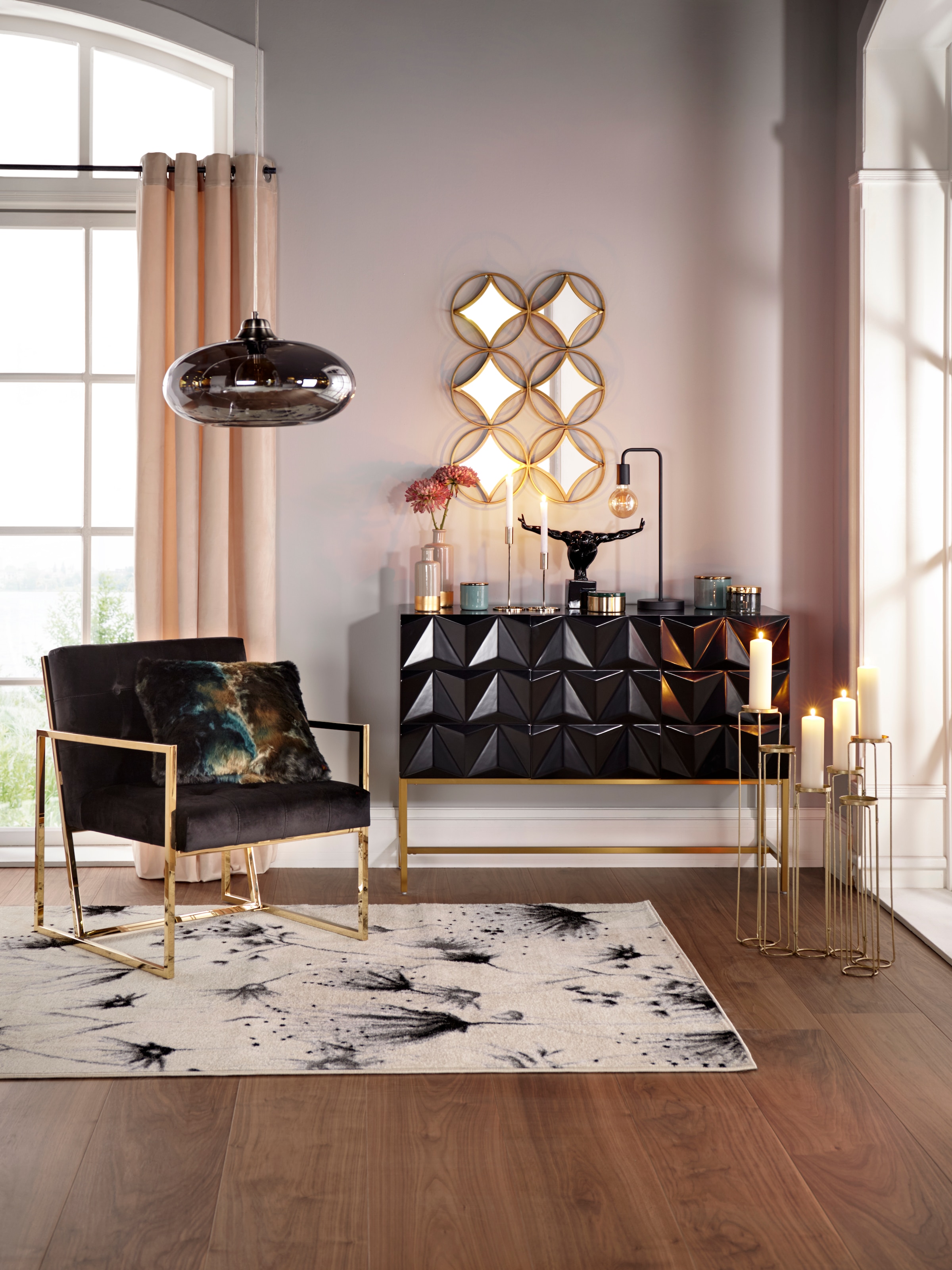 Leonique Sideboard »Rovuma, TOPSELLER!«, (Kommode, FSC-zertifizierter Holzwerkstoff, lackiert), in 3D-Optik und goldfarbenem Metallgestell