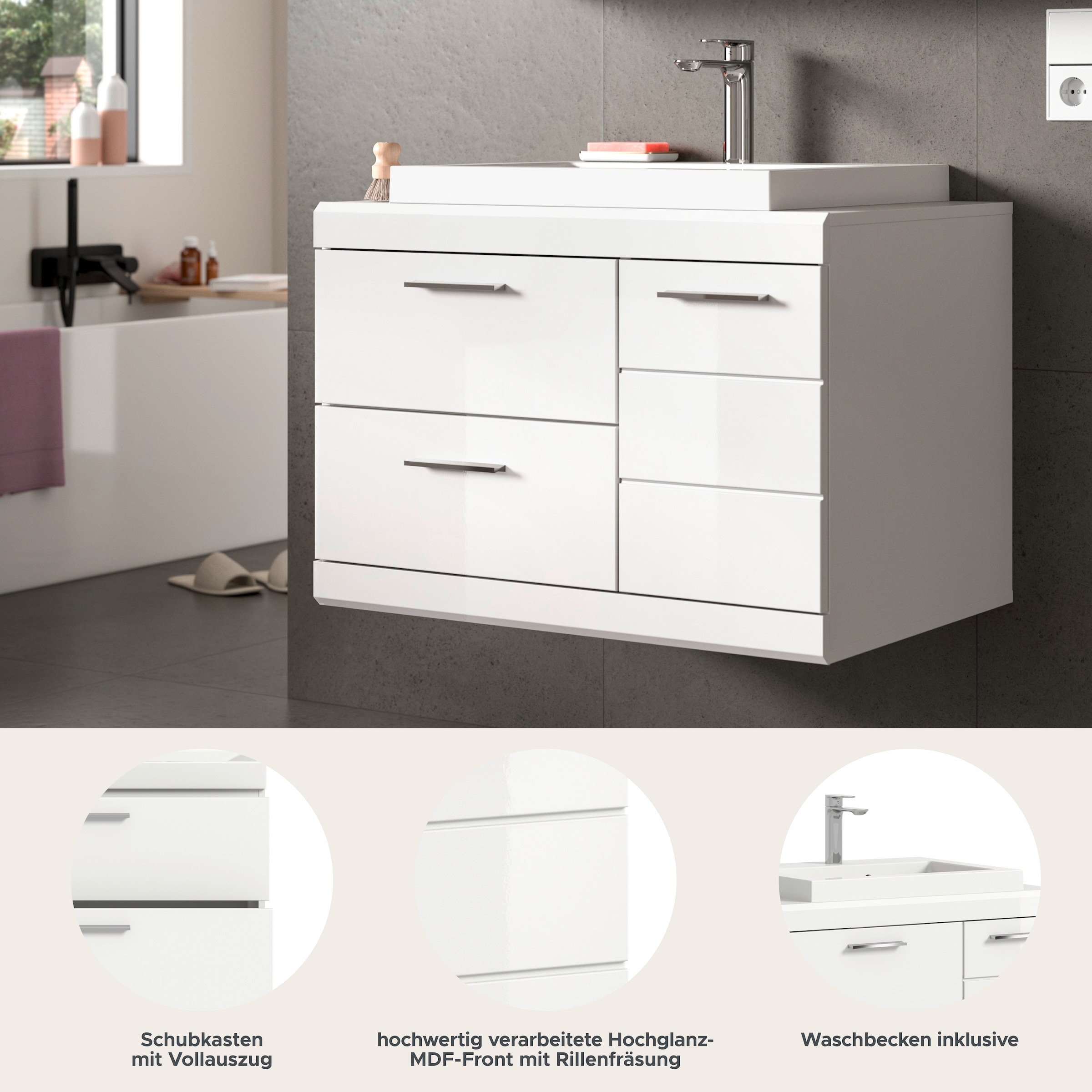 welltime Waschtisch »SIENA, hängend, inkl. Aufsatzwaschbecken, Breite 80 cm, MDF-Front« WBU, Badmöbel, Badschrank, Kommode, Unterschrank, Bad, Hängeschrank