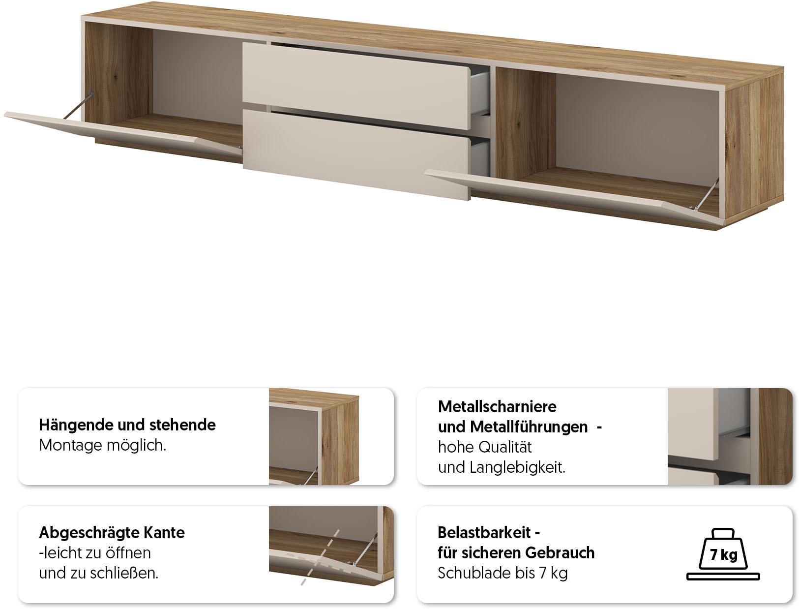INOSIGN Table basse »Criss, Breite 200 cm, moderne grifflose TV-Kommode« TV-Kommode, TV-Schrank, hängend und stehend montierbar
