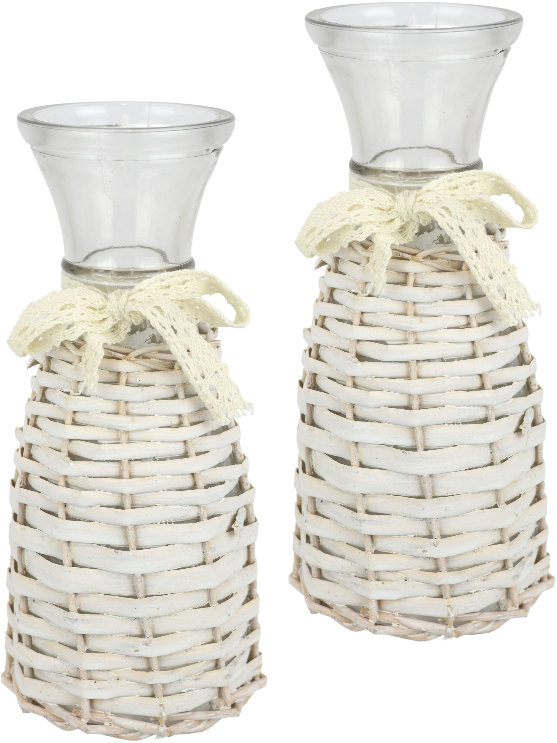 Image of I.GE.A. Dekovase "Glasvase" 2er Set mit Weidekorb und Spitze Rattangeflecht Vintage Blumenvase