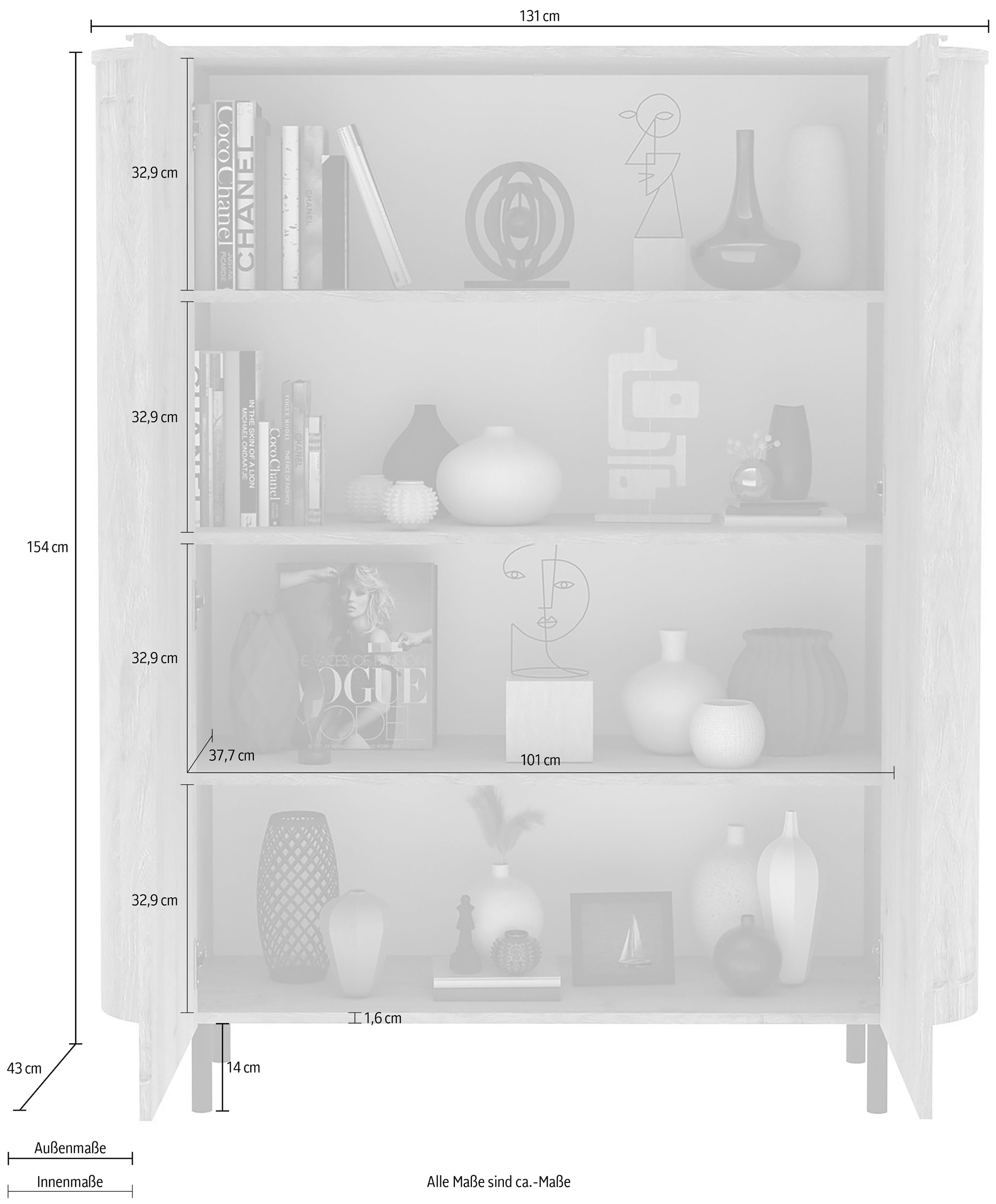 Home affaire Highboard »Murano, B/H 131/154 cm, 2 Türen, Stauraumschrank, Hochkommode« Formgebogenes MDF, Stirnseiten mit Rundung, Füsse und Griffe aus Metall