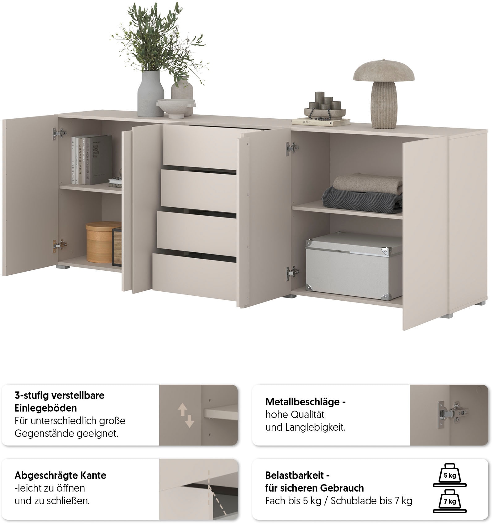 GOODproduct Sideboard »Metric,Breite 222 cm, grifflose Kommode 4 Türen/4 Schubkästen« Schubladenschrank mit viel Stauraum, Einlegeböden verstellbar
