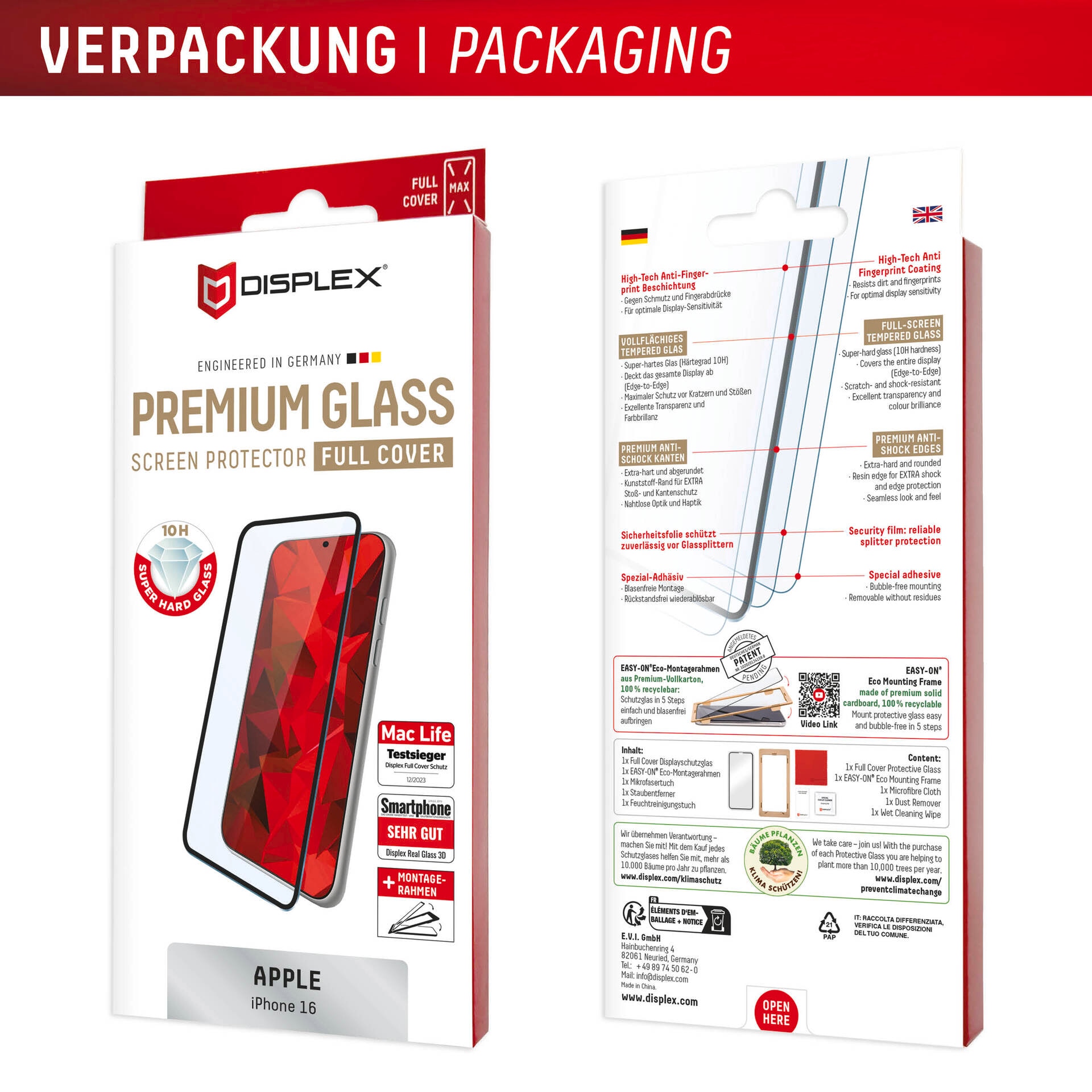 Displex Displayschutzglas »Premium Glass Full Cover«, für Apple iPhone 16, (1 St.), Displayschutzfolie, Schutzfolie, Bildschirmschutz, kratz- & stossfest