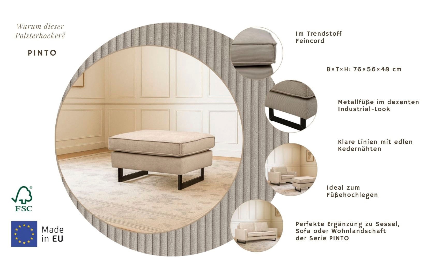 Home affaire Polsterhocker »Pinto« mit Keder, Metallfüssen und auch in Cord Bezug erhältlich