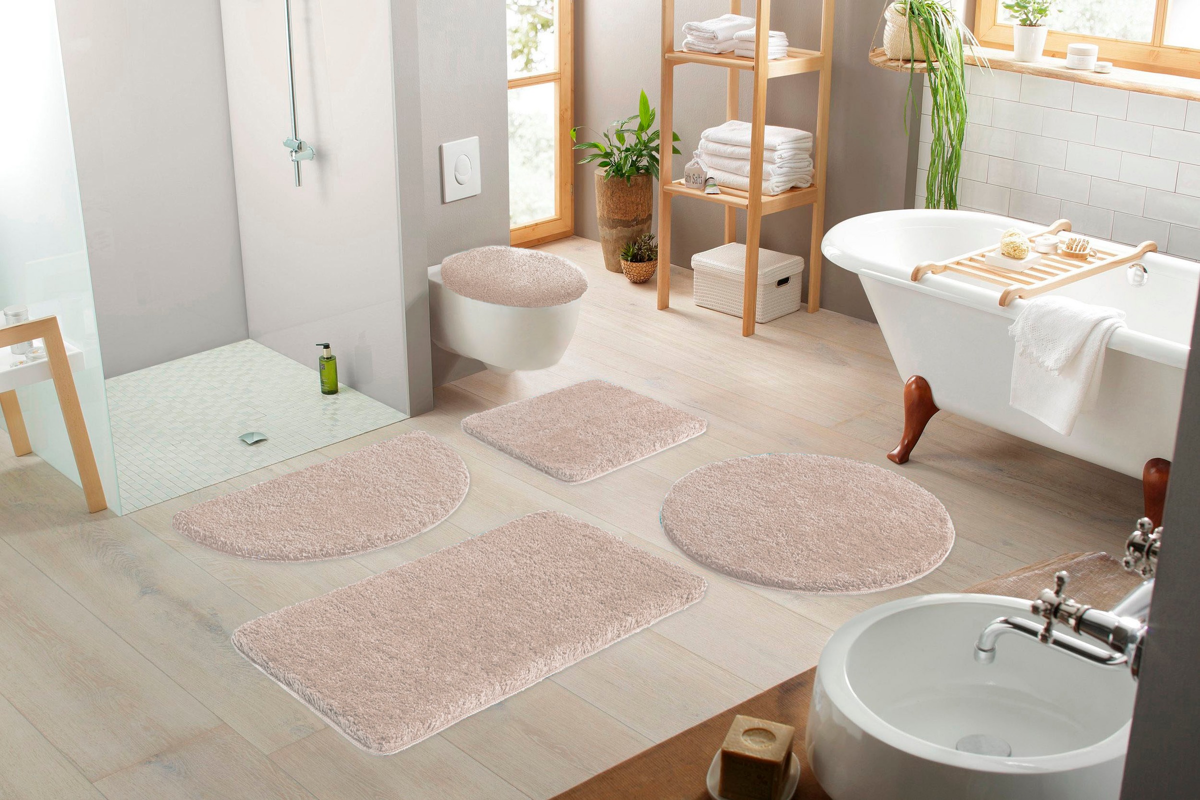 my home Badematte »Sanremo, Badvorleger, Badezimmer Teppich, sehr weich«, rutschhemmend beschichtet, fussbodenheizungsgeeignet-schnell trocknend, Badteppich, unifarben, rechteckig, rund & als 3-tlg. Set erhältlich