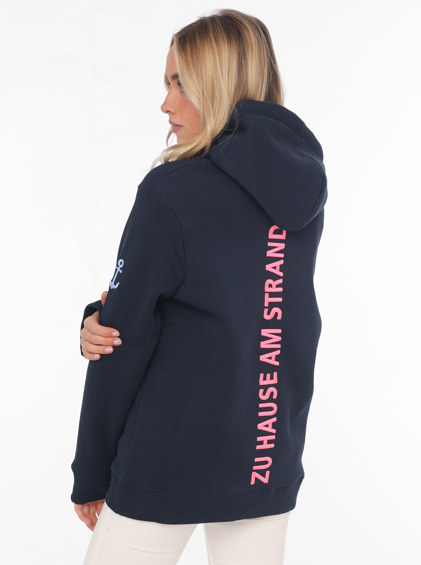 Zwillingsherz Sweatshirt, mit "Küsten-Glücks-Momente"-Stickerei und Schriftzug am Rücken