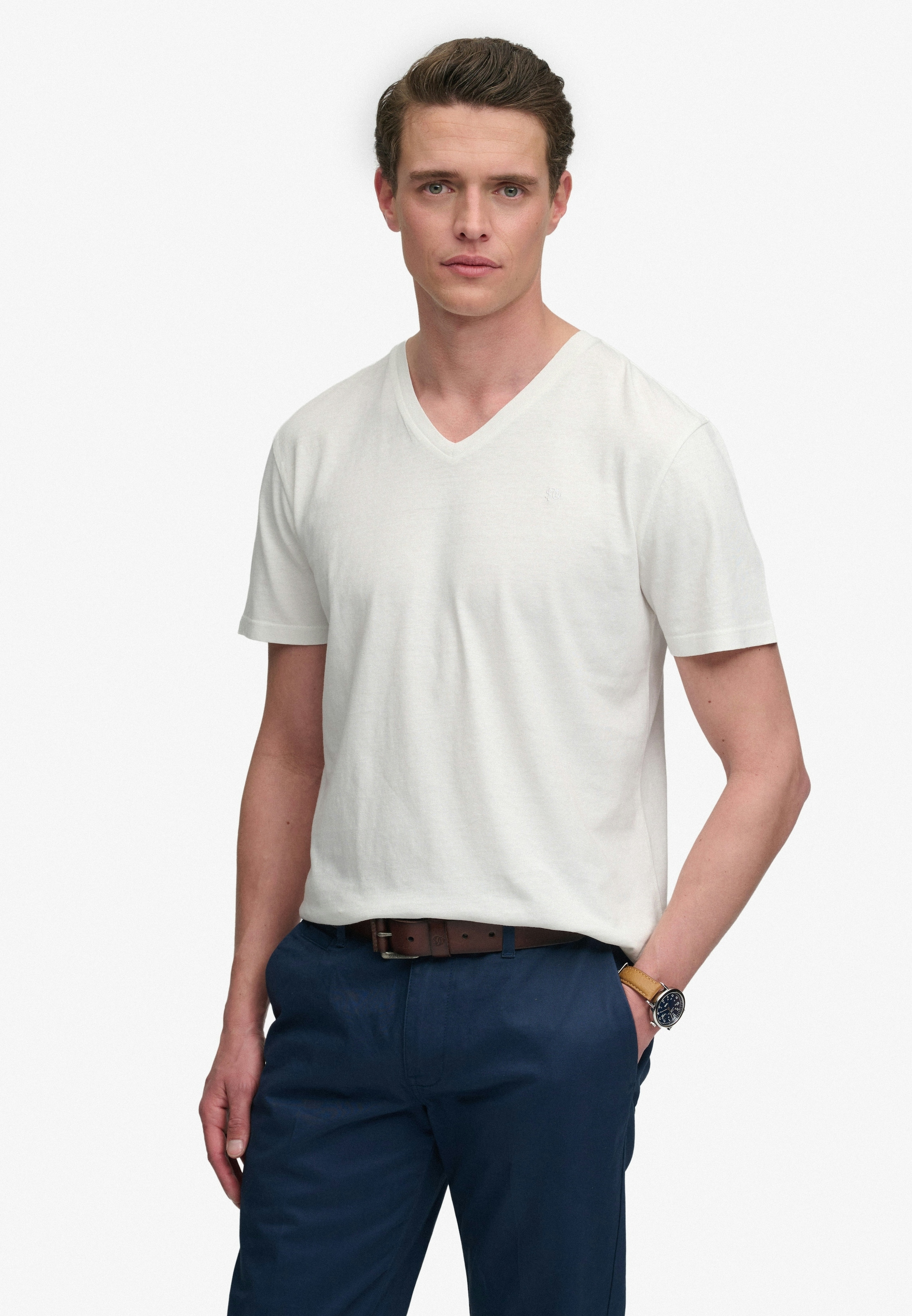 Image of Superdry Rundhalsshirt "CLASSIC COTTON LINEN VEE" Baumwollmischung, relaxed fit aus luftig leichtem Baumwoll-Leinen-Mix