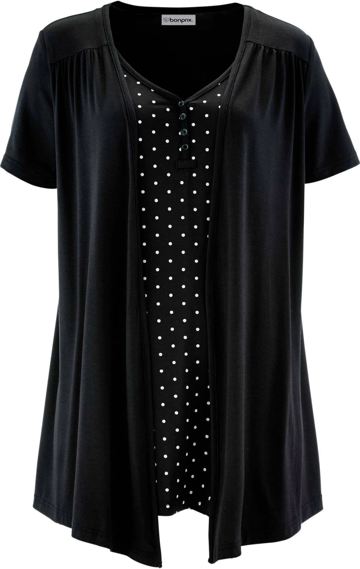 bonprix T-shirt 2 en 1 »2 in 1 Shirt mit V-Ausschnitt, kurzarm« A-Linie Passform, Kurzarm, mit V-Ausschnitt, mit Zierknopfleiste