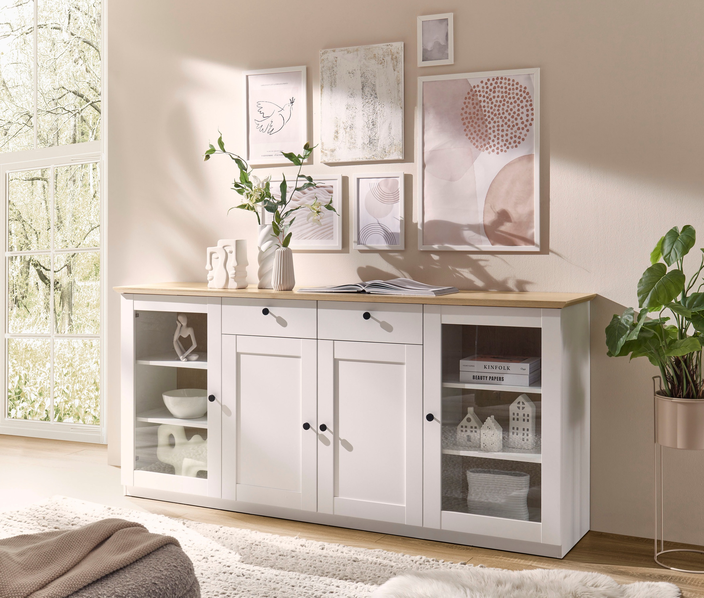 Image of GOODproduct Sideboard "Brest, Schrank im Landhausstil, Kommode, zeitloses Stauraumelement" schwarze Metallgriffe, ausreichend Stauraum, Glastüren, 204 cm breit