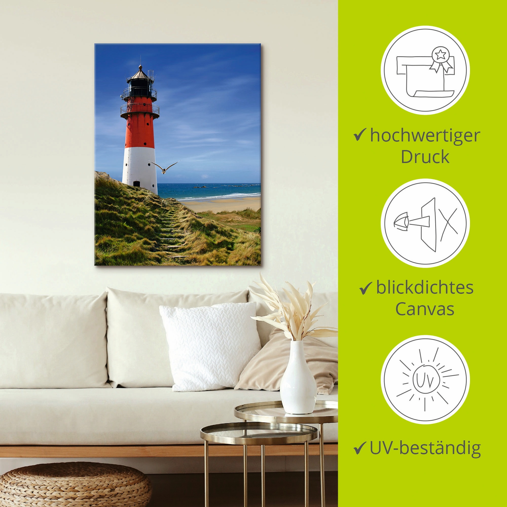 Artland Wandbild »Leuchtturm am Deich«, Gebäude, (1 St.), als Leinwandbild, Poster, Wandaufkleber in verschied. Grössen