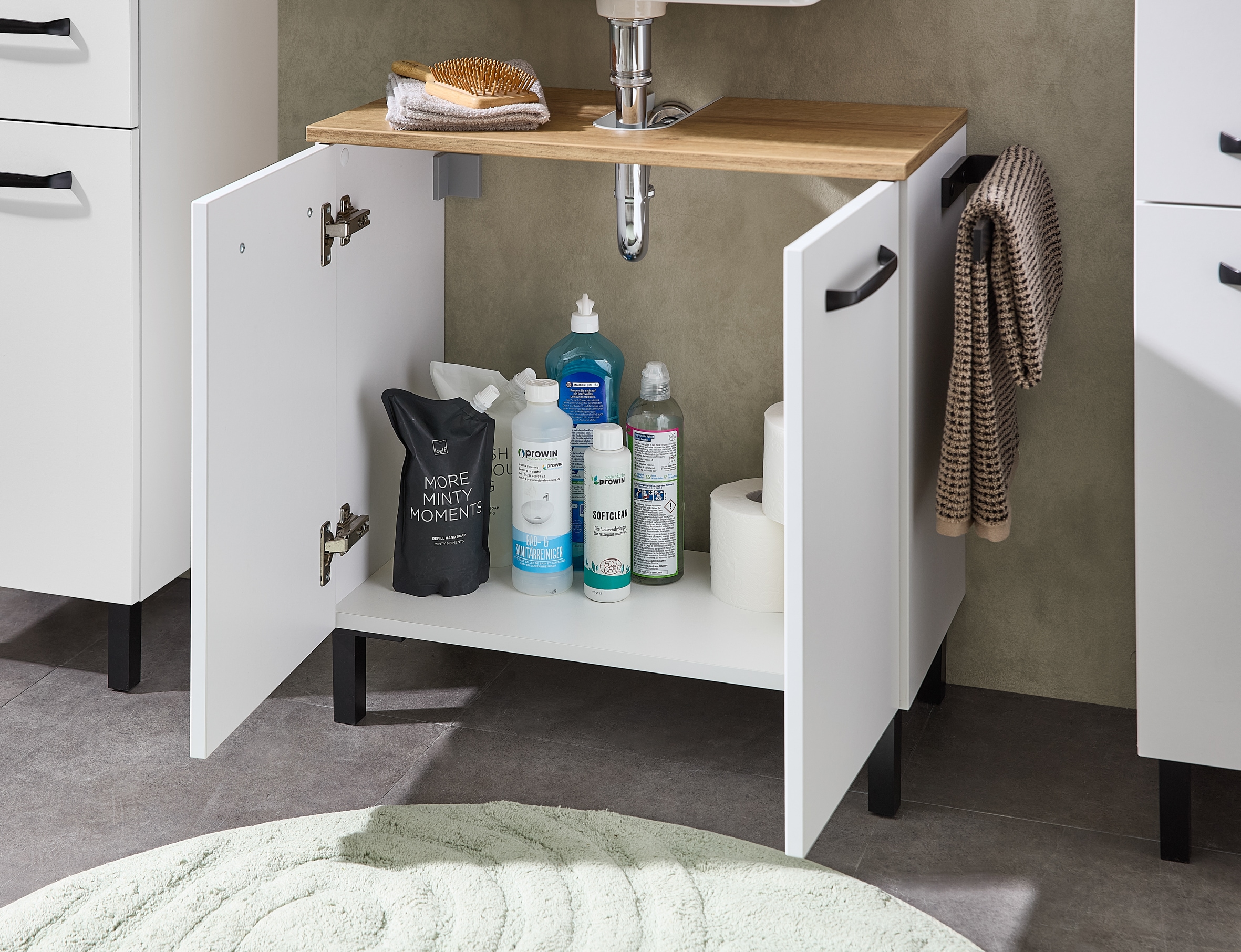 Saphir Armoire sous lavabo »Quickset 500, 2 Türen, Siphonausschnitt« Armoire sous lavabo avec amortisseur de porte, poignées noires