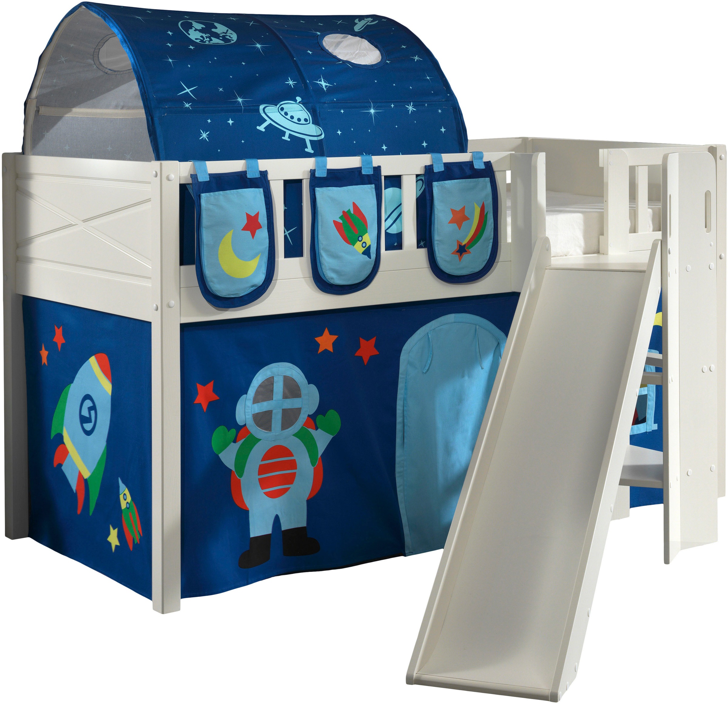 Image of Vipack Hochbett "Scott" Made in Europe, mit schräger Leiter, LF 90x200 cm, Vorhang, Tunnel, 4 Designs