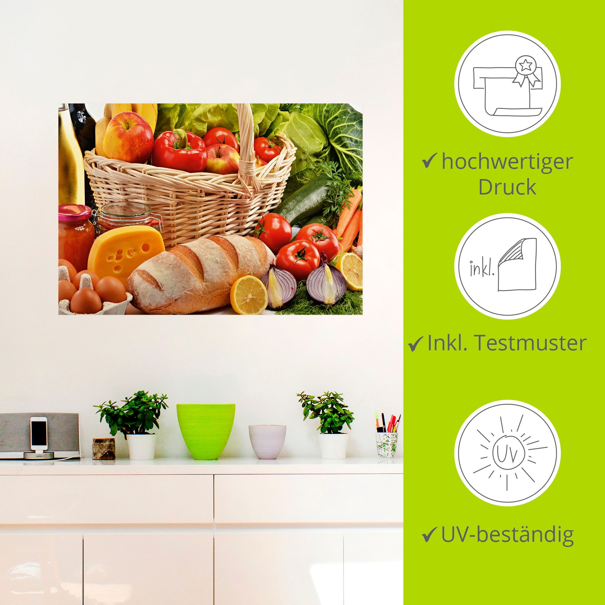 Artland Wandbild »Gesund Leben - Obst und Gemüsekorb«, Lebensmittel, (1 St.), als Alubild, Leinwandbild, Wandaufkleber oder Poster in versch. Grössen