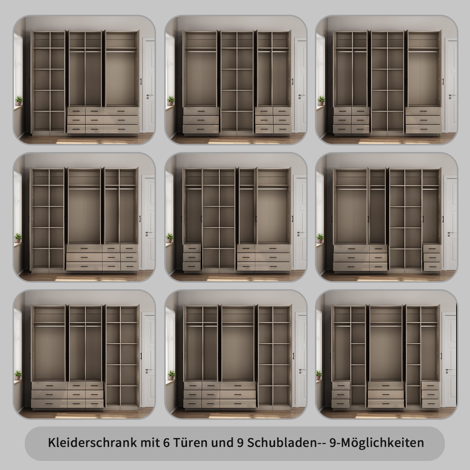 GOODproduct Armoires à vêtements »Trento Schlafzimmerschrank Garderobe hochglanz« in 2 unterschiedlichen Schrankhöhen wählbar,  Schrank mit 6 Türen und 9 Schubladen, Hochglanz-Fronten, 2,39m Höhe