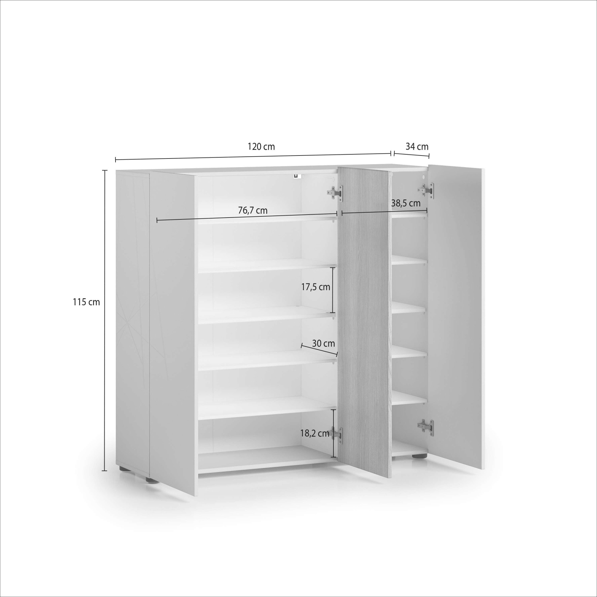 Home affaire Schuhschrank »LADY, Schuhkommode,Schuhmöbel,Schuhablage,Schuhregal« Korpus und weisse Türen hochglänzend lackiert.,  10 Einlegeböden,12 Fächer,ca. 24 Paar Schuhe-Masse: B/T/H:120x34x115 cm