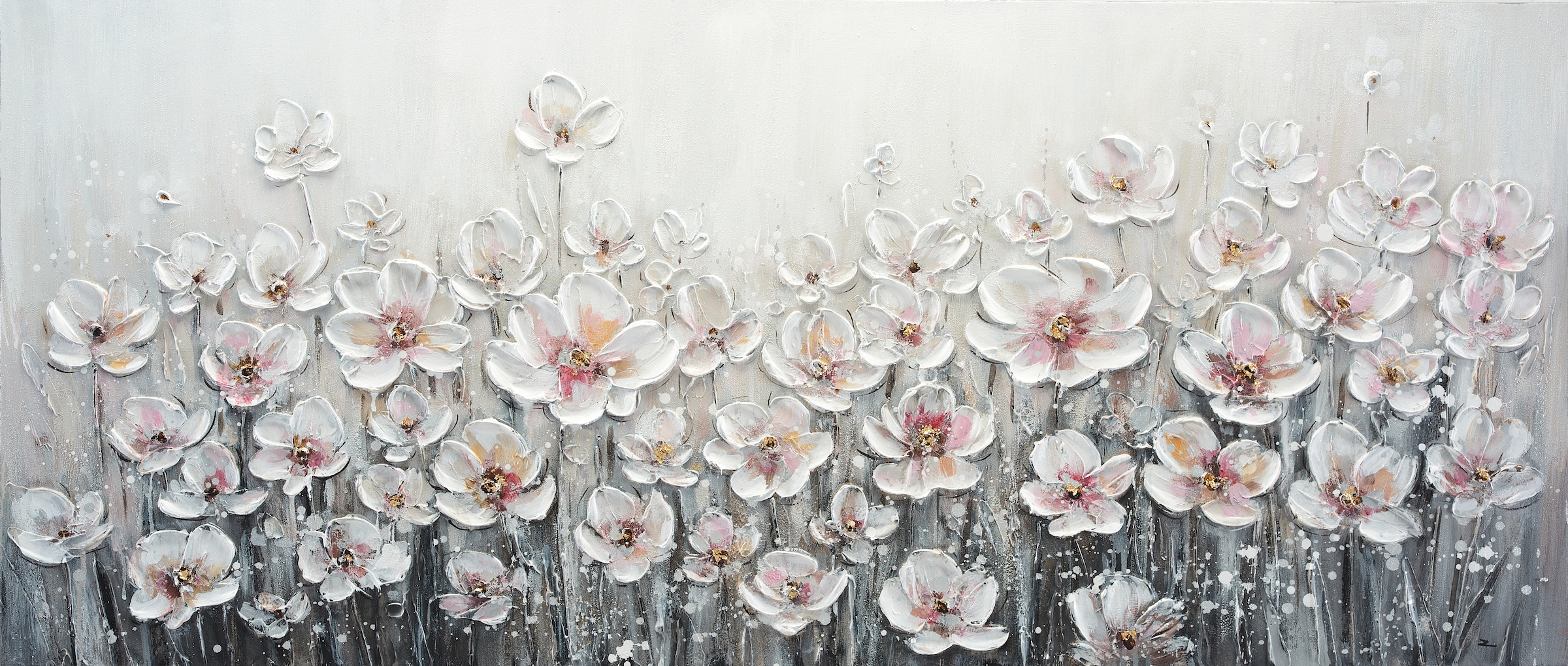 Image of Bönninghoff Ölgemälde "handarbeit WEISSE BLUMEN XXL 60x140 cm – Wandbild Kunst Deko" Blumen Blumenbilder Gemälde Kunst Pflanzen 1 Stk. tlg. handgefertigt, jedes Bild ein Unikat