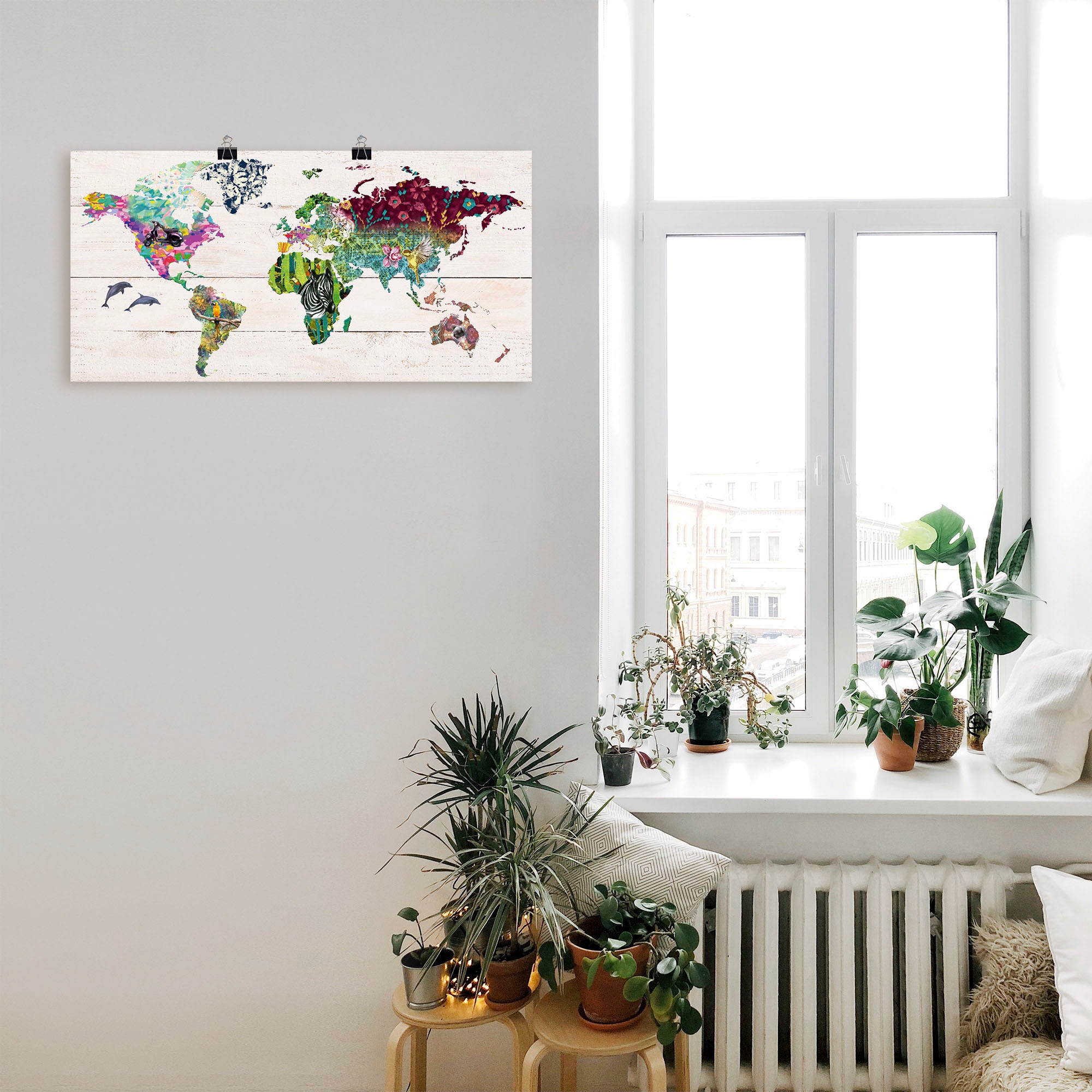 Artland Wandbild »Bunte Welt auf hölzernem Untergrund«, Landkarten, (1 St.), als Leinwandbild, Poster in verschied. Grössen