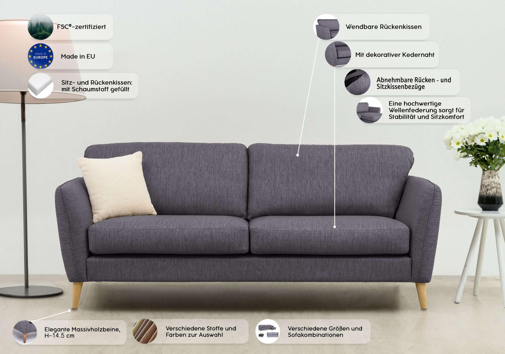 Home affaire 2-Sitzer »MARSEILLE Kompaktsofa 170 cm, Cord, Flachgewebe, Struktur, Webstoff«, Massivholzbeine Eiche, Landhausstil, Wellenunterfederung