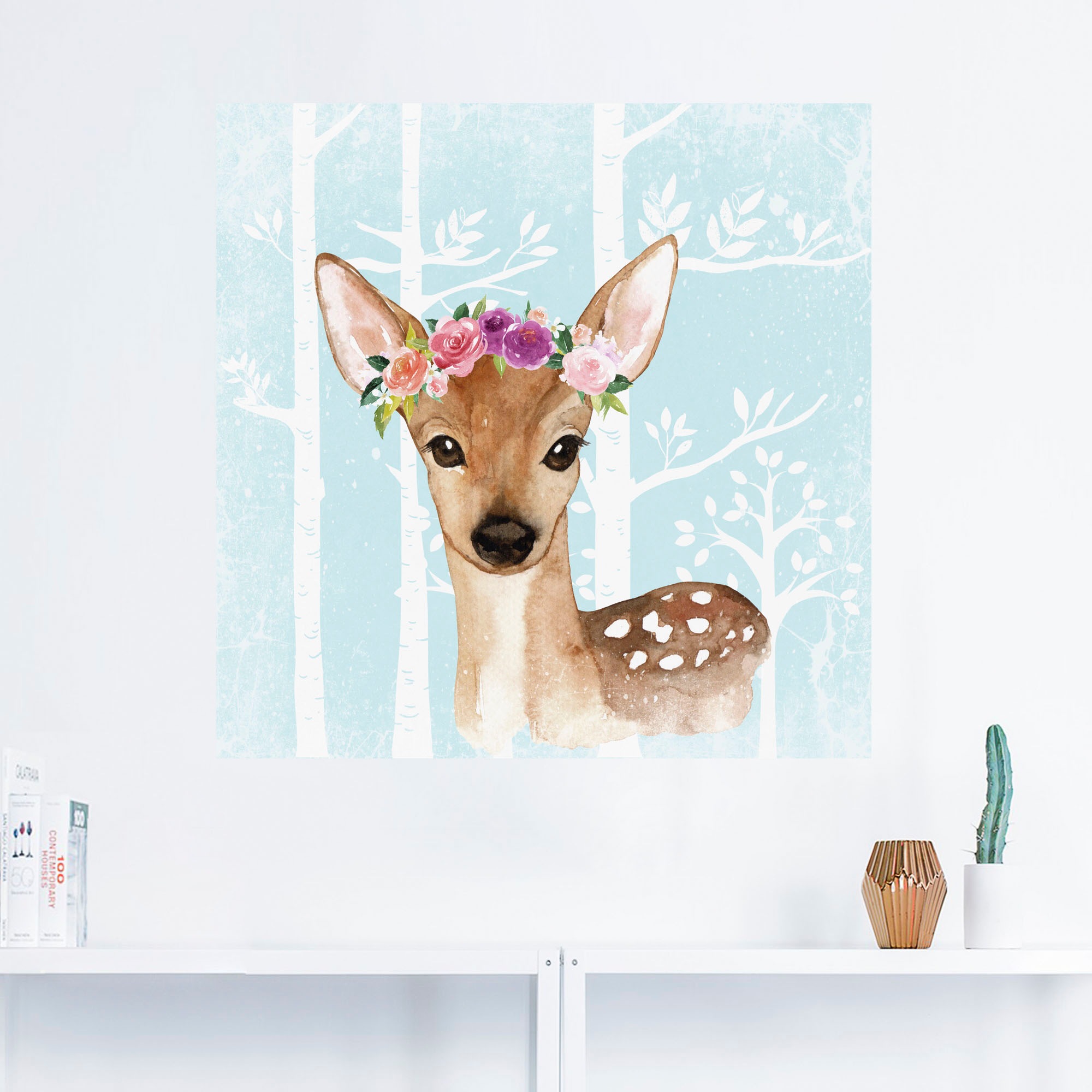 Image of Artland Wandbild »Wild Reh mit Blumen im blauen Wald«, Tiere, (1 St.), in vielen Grössen & Produktarten - Alubild / Outdoorbild für den Aussenbereich, Leinwandbild, Poster, Wandaufkleber / Wandtattoo auch für Badezimmer geeignet bei Ackermann Versand Schw