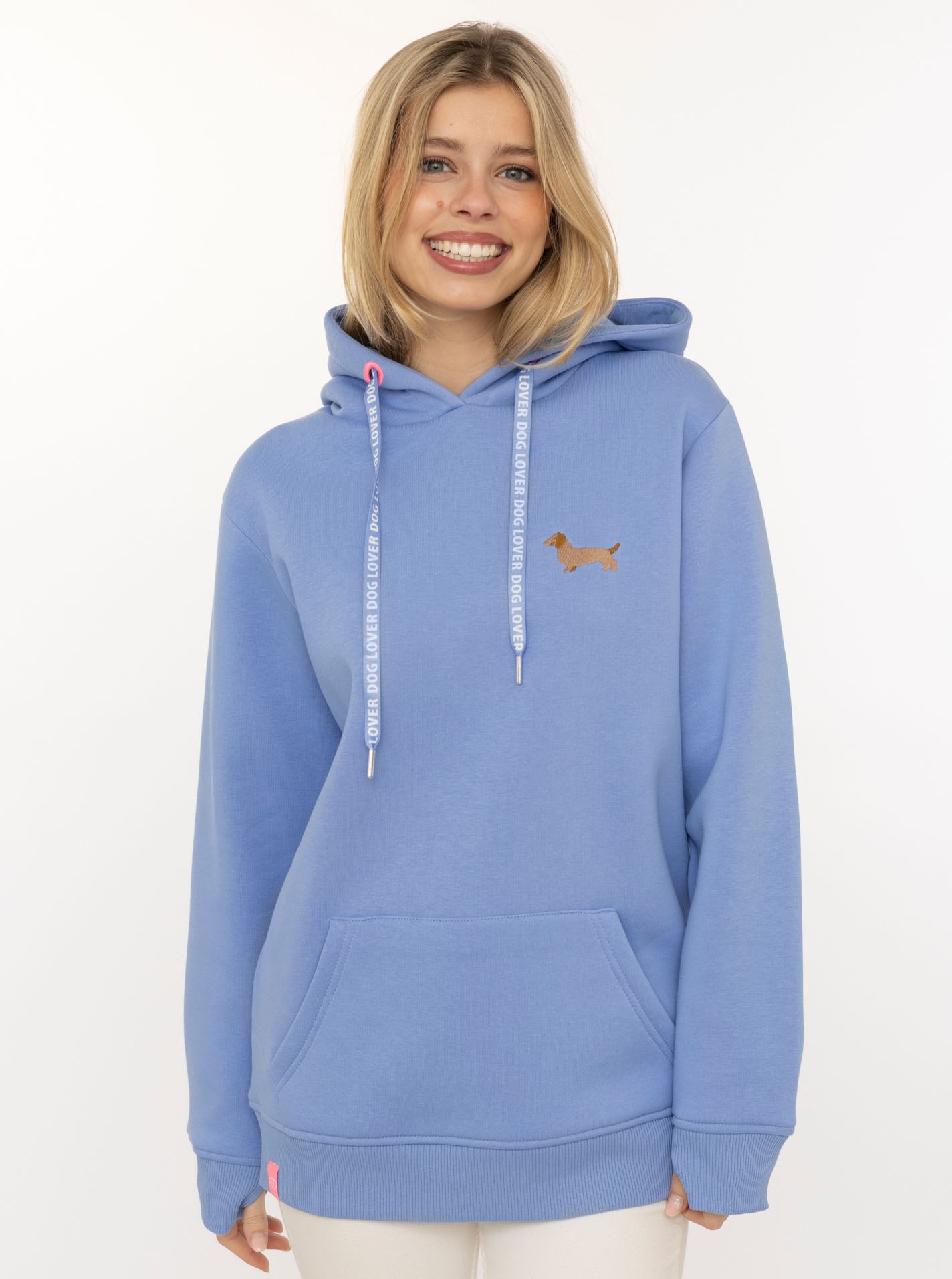 Image of Zwillingsherz Hoodie ""Kleiner Dackel"", "Dackel"-Stickerei, bedruckter Kordelzug, Kängurutasche