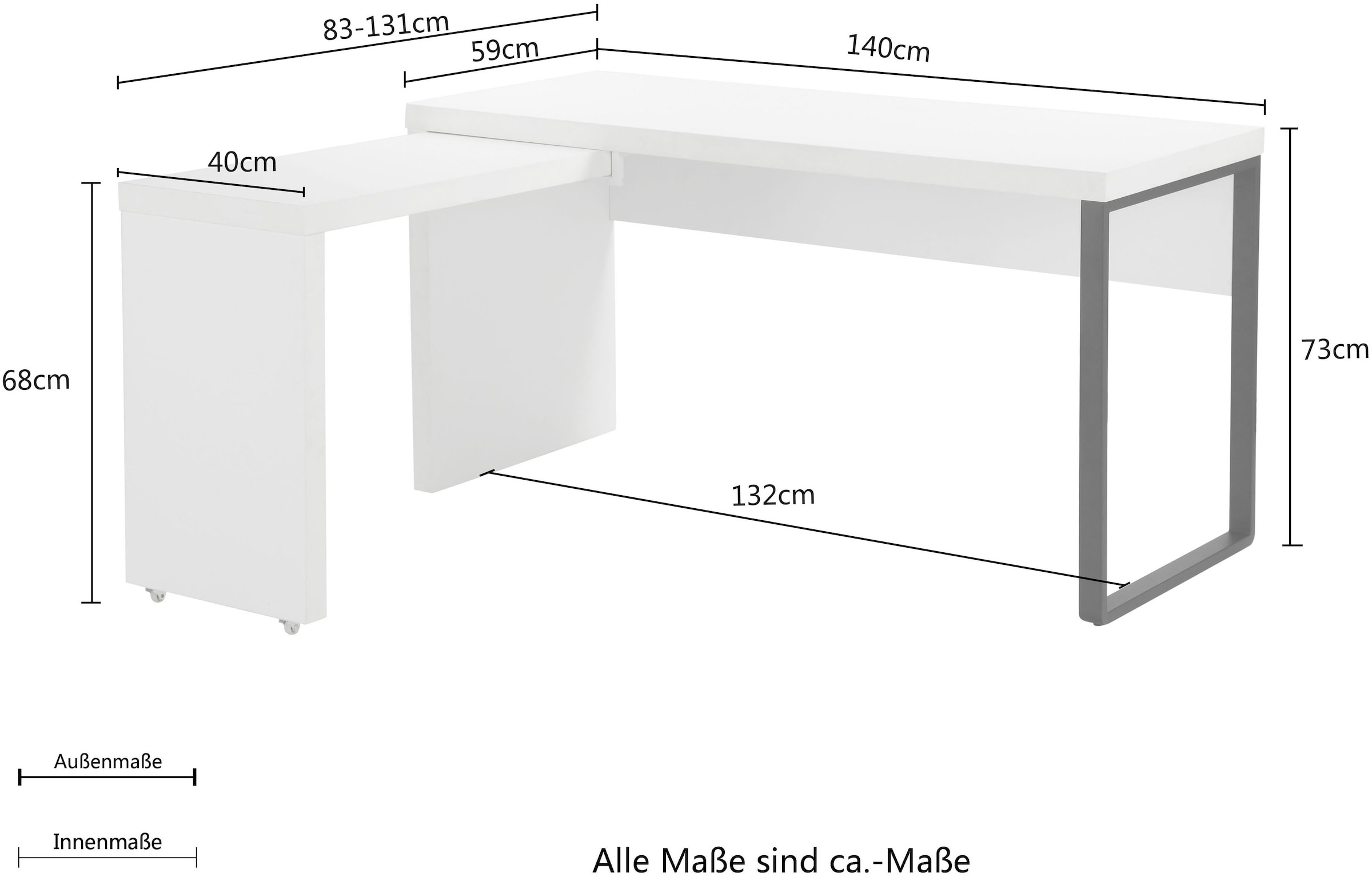 Places of Style Schreibtisch »Maniago, Computertisch;«, weisser Eckschreibtisch mit rollbarem Element, 140x81-131 cm