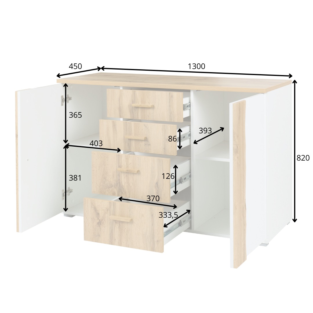 INOSIGN Kommode »Kommode Fabella mit 4 Schubladen, 2 Einlegeböden, BxHxT 130x82x45 cm«, mit viel Stauraum, 2 Drehtüren