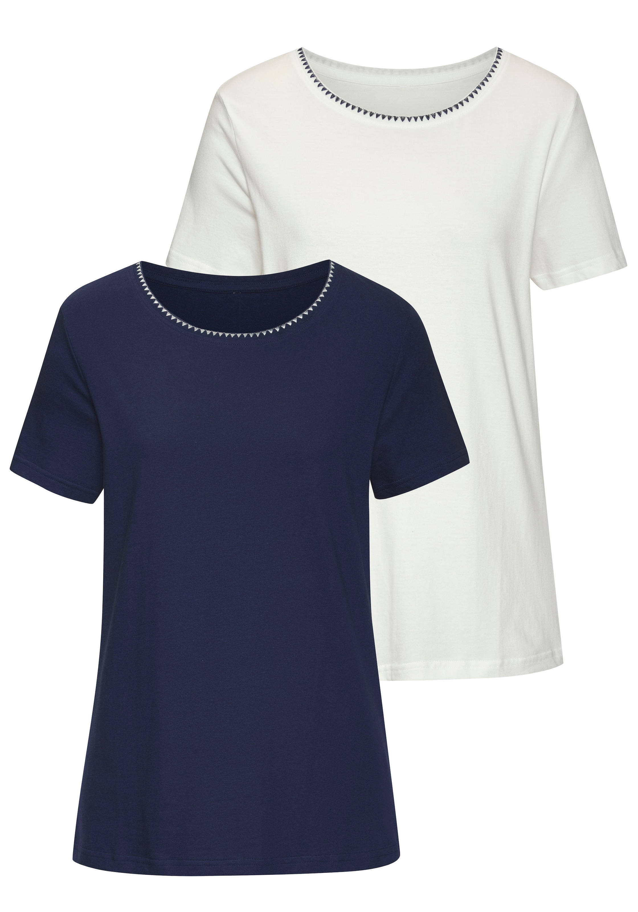 Vivance T-Shirt »mit modischer Kontraststickerei«, (Packung, 2er-Pack), aus weicher Baumwoll-Qualität
