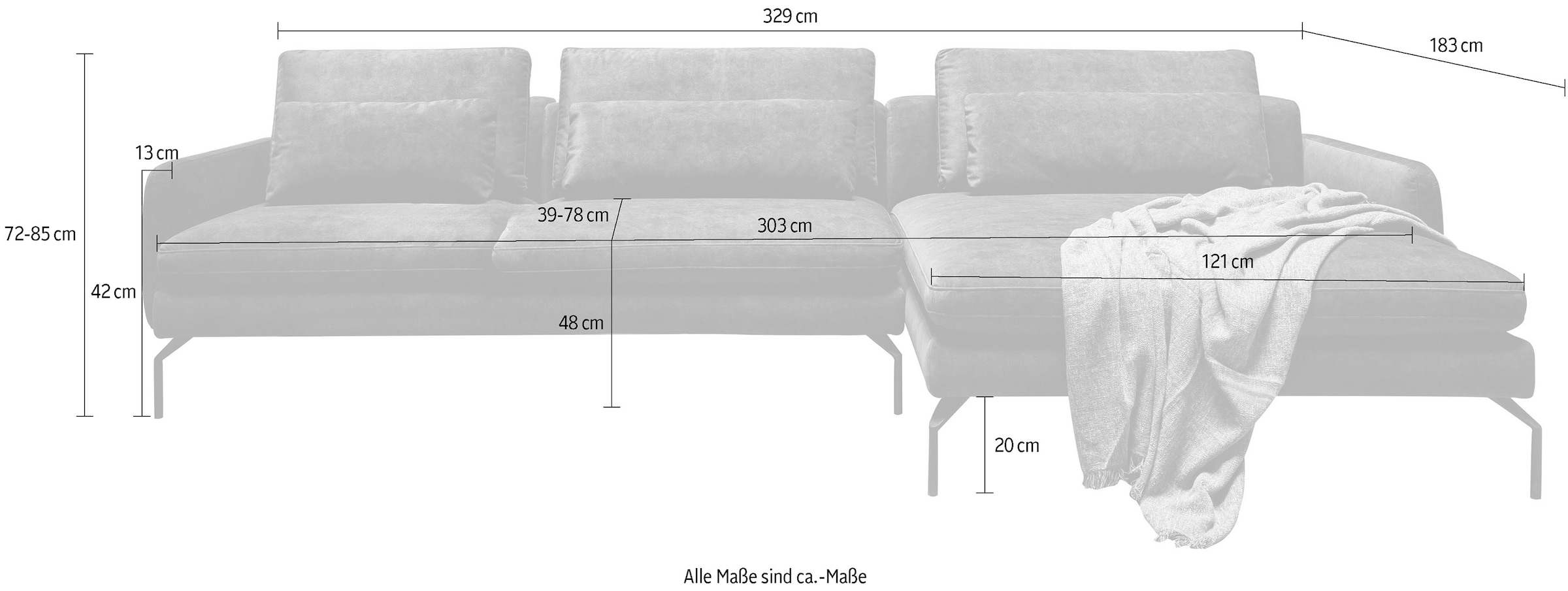 exxpo - sofa fashion Ecksofa »Komfortsofa Look, moderner Webvelours Bezug, extrabreite Sitzflächen«, komfortabler Sitz, L-Form, Breite 329cm, hoher Designfuss