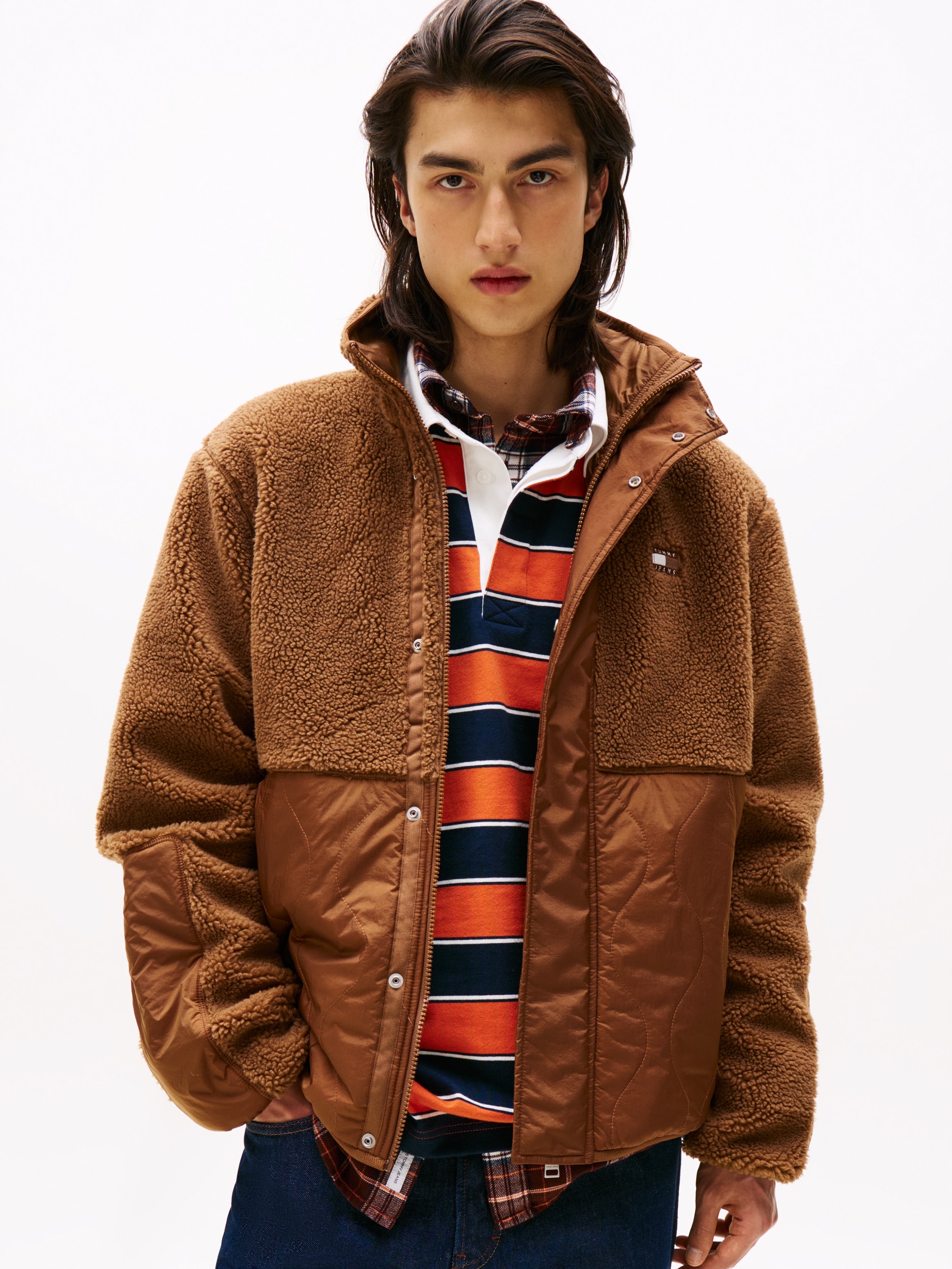 Image of Tommy Jeans Steppjacke "TJM ESSENTL MIX TEDDY" Übergangsjacke relaxed fit, mit Teddy Fleece, Stehkragen