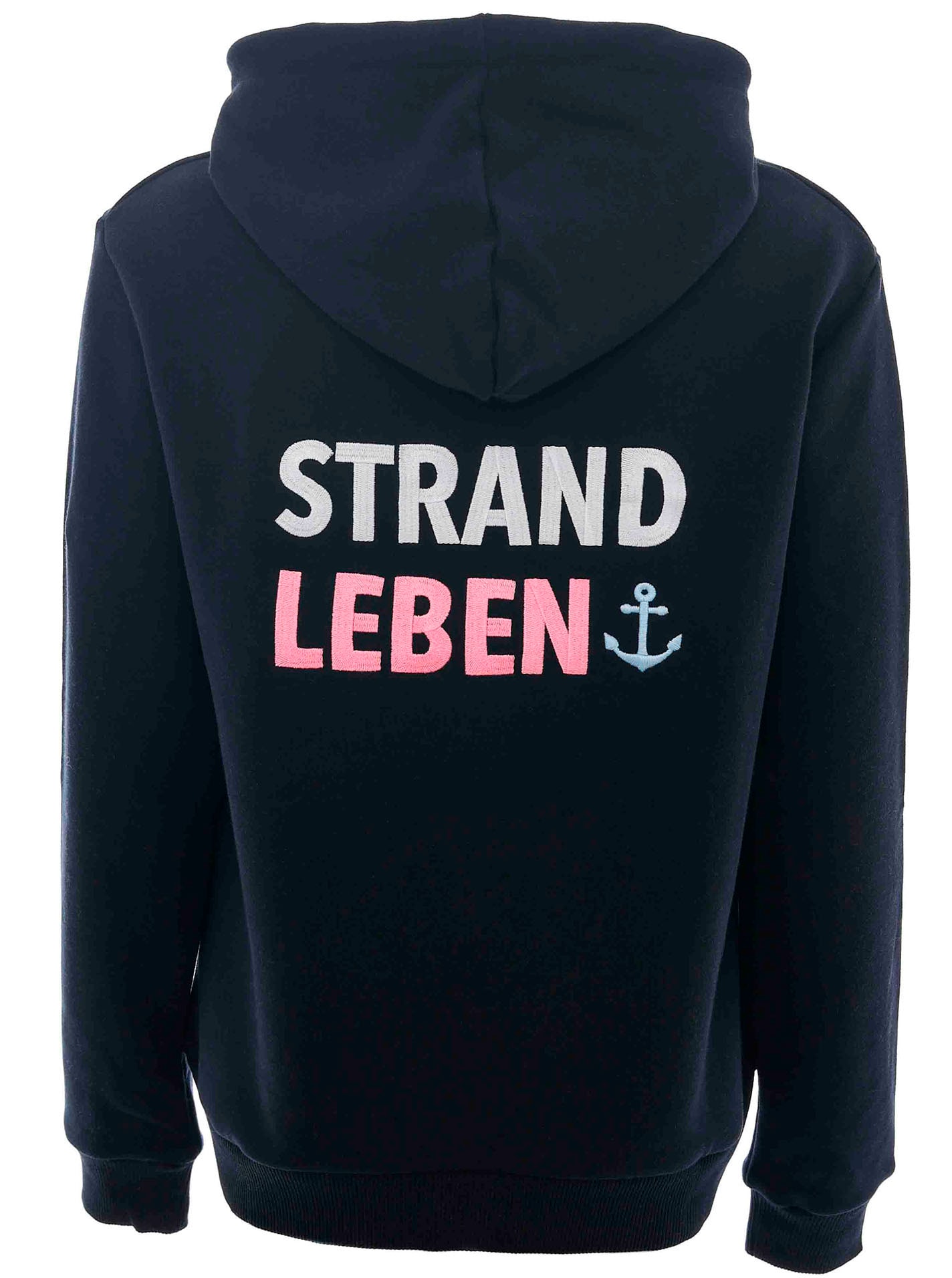 Zwillingsherz Sweatshirt, mit neonfarbenen Kordeln und aufgesticktem "Strand"-Schriftzug