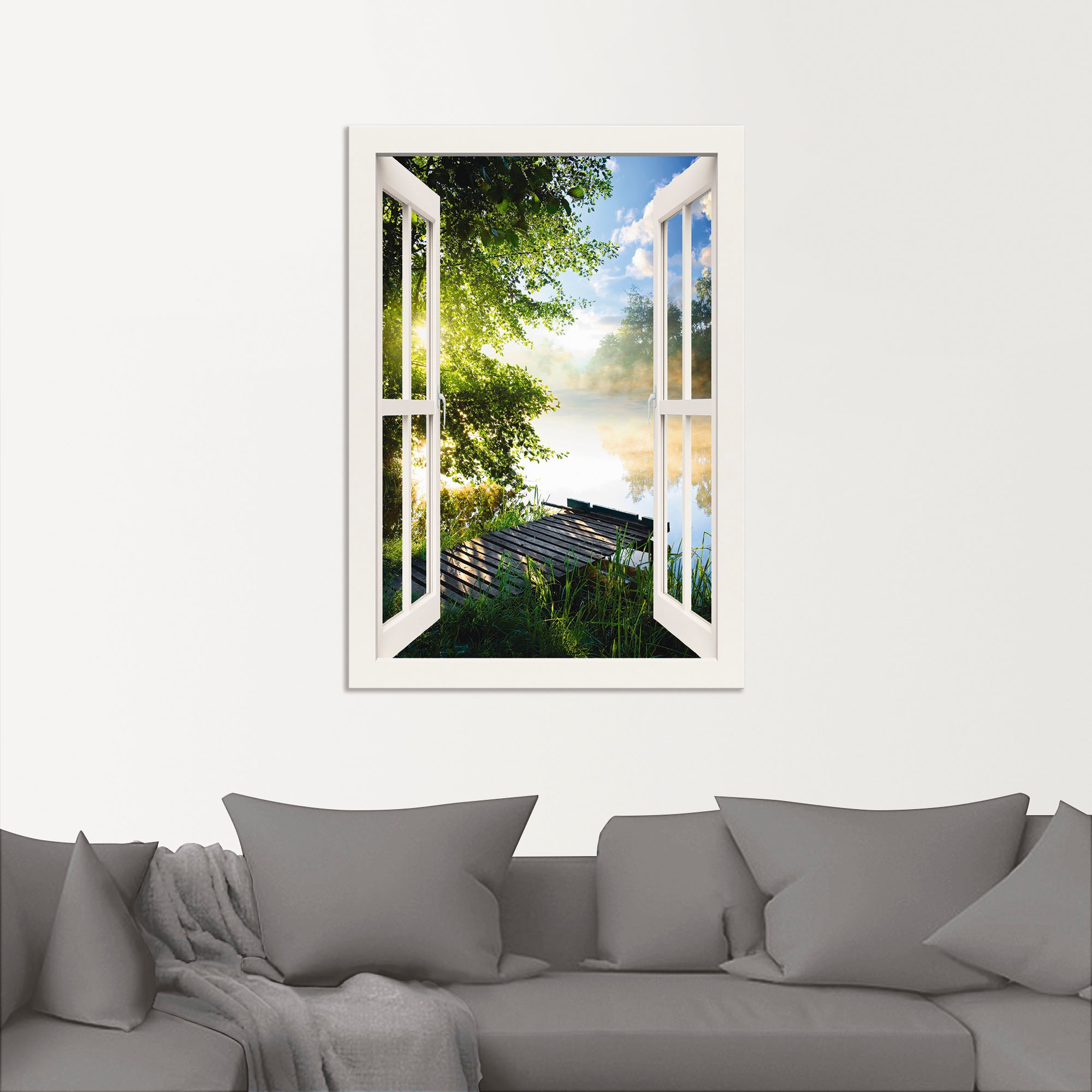 Artland Wandbild »Fensterblick Angelsteg am Fluss«, Fensterblick, (1 St.), als Alubild, Outdoorbild, Leinwandbild, Poster, Wandaufkleber