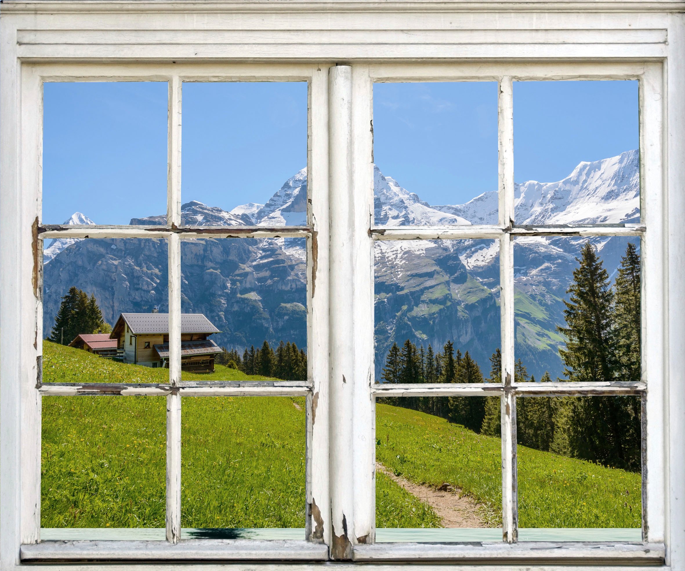 Image of queence Wandsticker "Hütte in den Bergen" Wandsticker, Wandbild, selbstklebend, 3D, Fenster