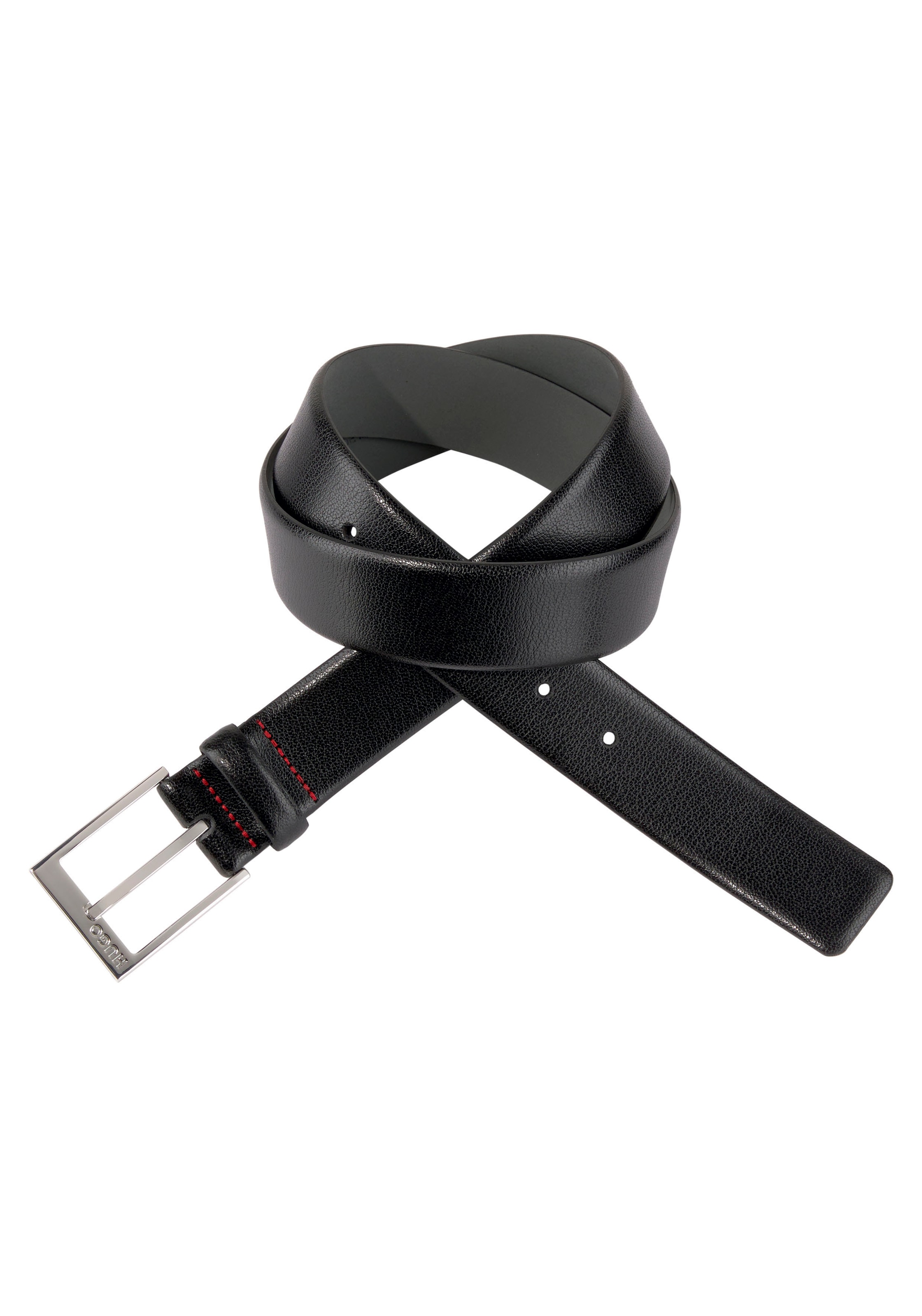 HUGO Ceinture en cuir genarbt mit Logo-Schliesse, glänzende silberfarbene Details